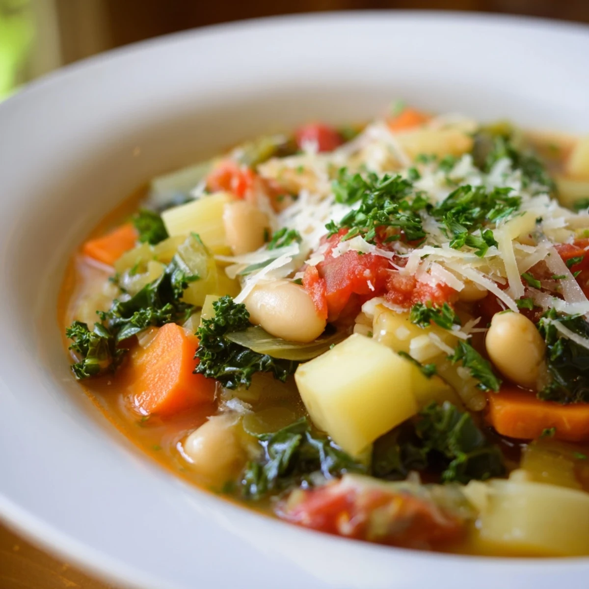 Close-up view of hearty Winter Lunch Soup with crusty bread for dipping on the side.