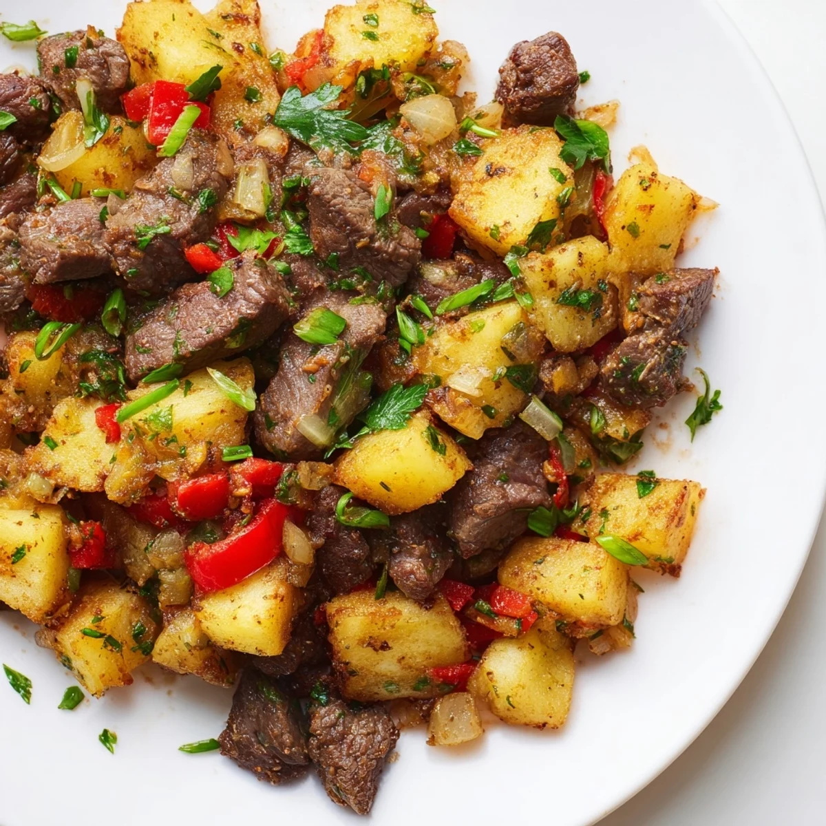 A close-up of Beef Breakfast Hash topped with sunny-side-up eggs and fresh green onions, served hot in a cast-iron skillet for a rustic look.