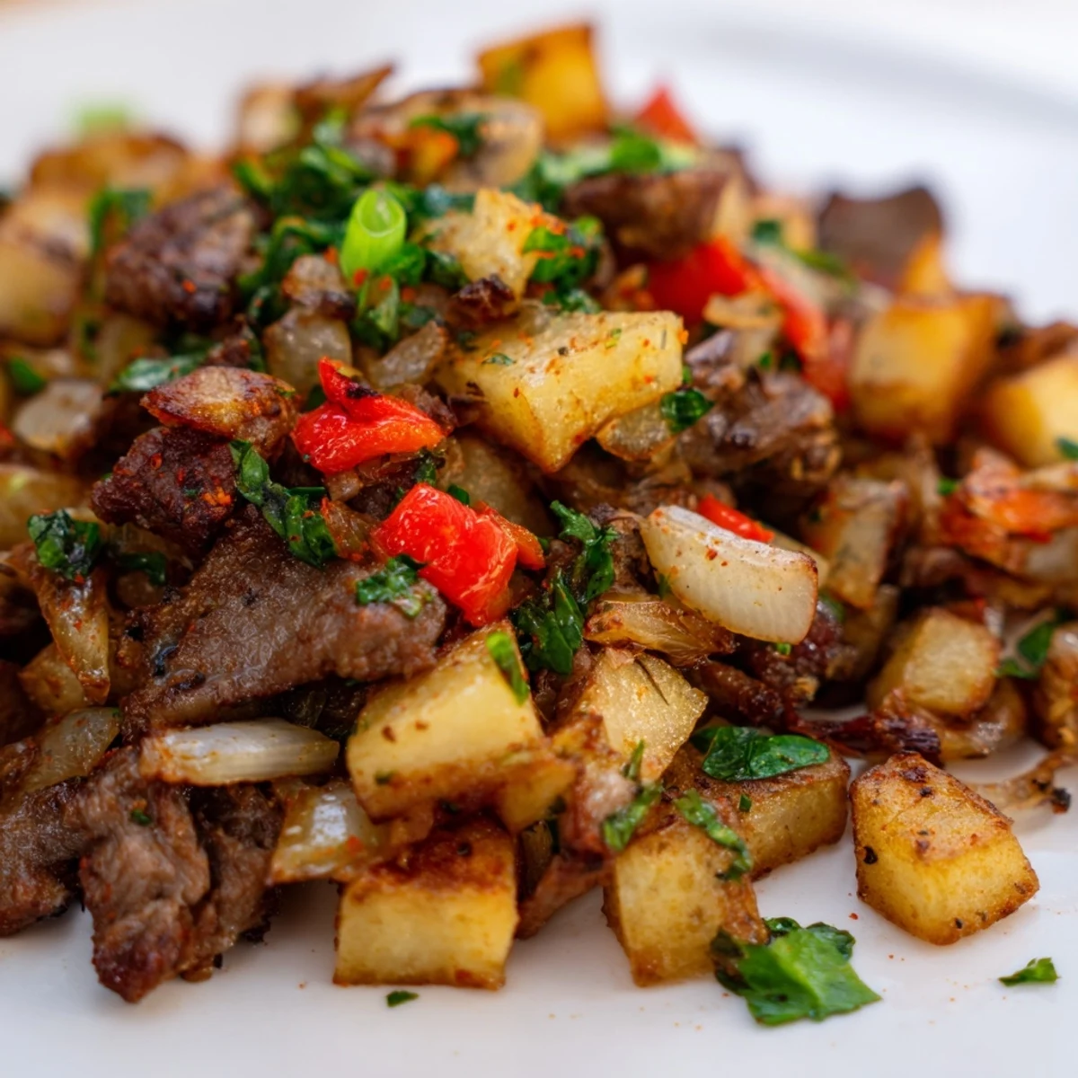 Golden Beef Breakfast Hash sizzling in a skillet, featuring crispy potatoes, red bell peppers, and onions, ready to serve for a hearty morning meal.