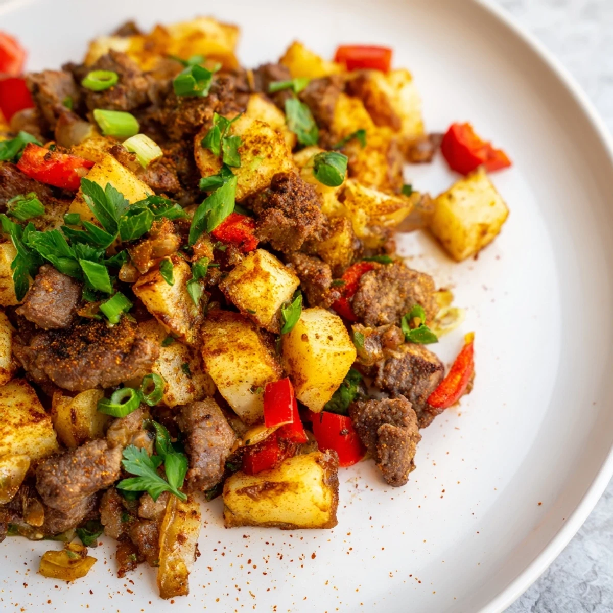 Savory Beef Breakfast Hash plated with a side of sliced avocado, showcasing tender beef, golden potatoes, and vibrant peppers for a delicious gluten-free breakfast.
