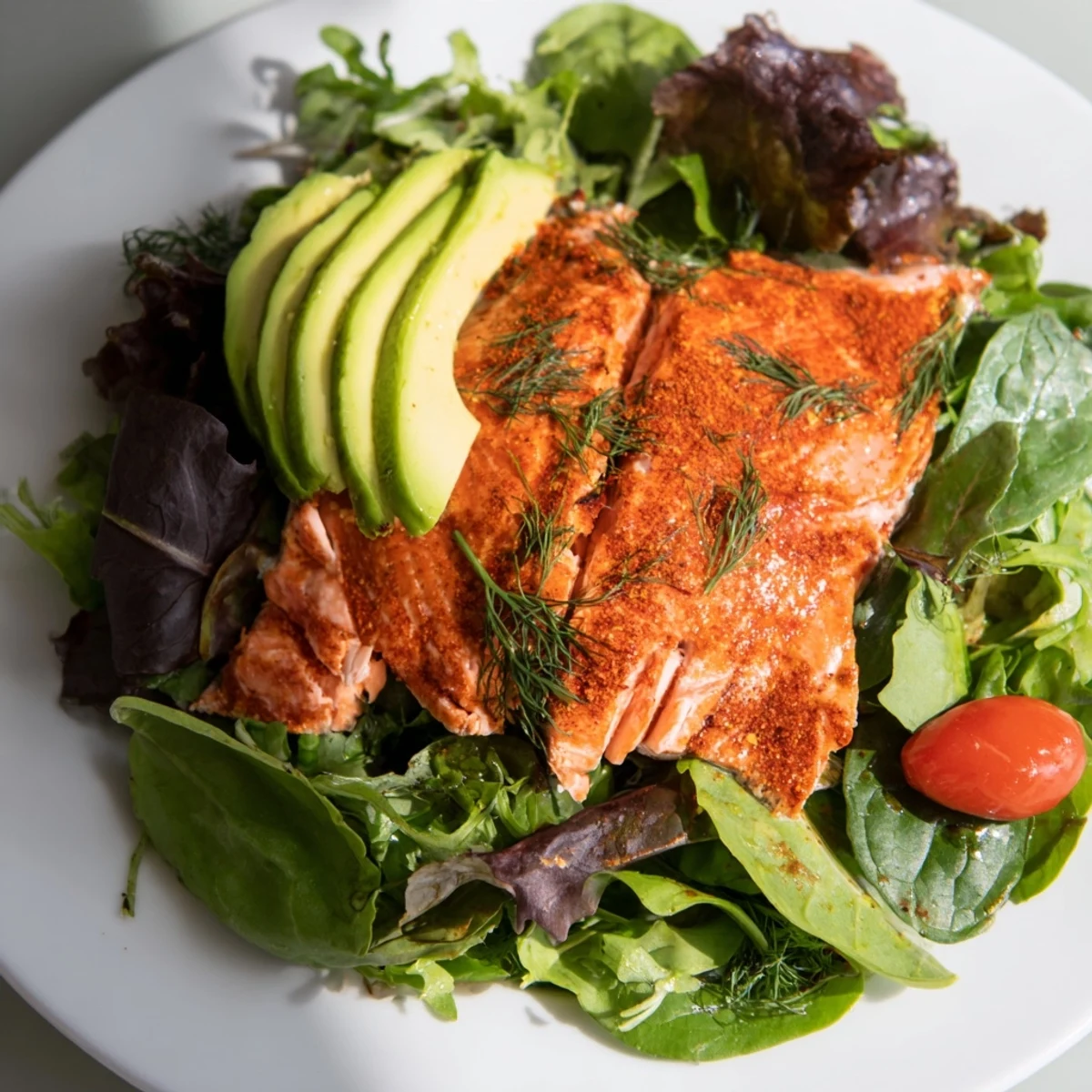 Golden baked salmon flaked over mixed greens, cucumber, cherry tomatoes, avocado, and red onion, drizzled with lemon-dill dressing on a white plate.