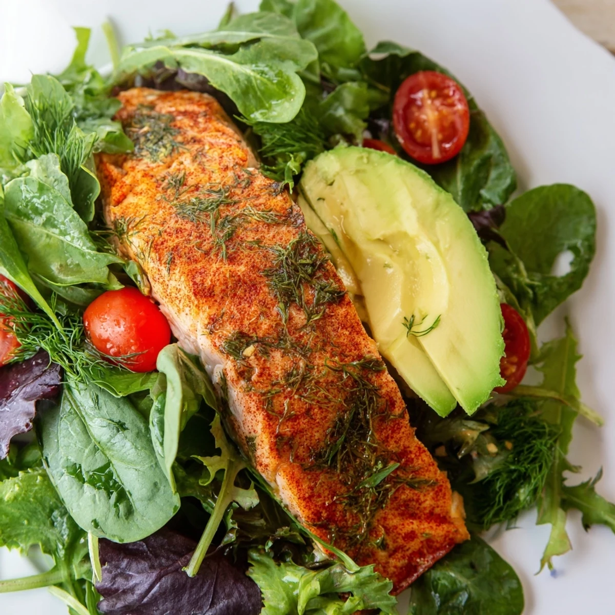Freshly baked salmon salad features tender pink fish, crisp vegetables, and a zesty homemade dressing, arranged beautifully for a healthy midday lunch.