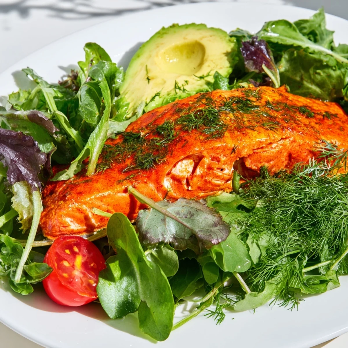 A close-up of the Baked Salmon Lunch Salad shows juicy avocado slices, glistening tomatoes, and flaky salmon fillet over vibrant greens with herbs.