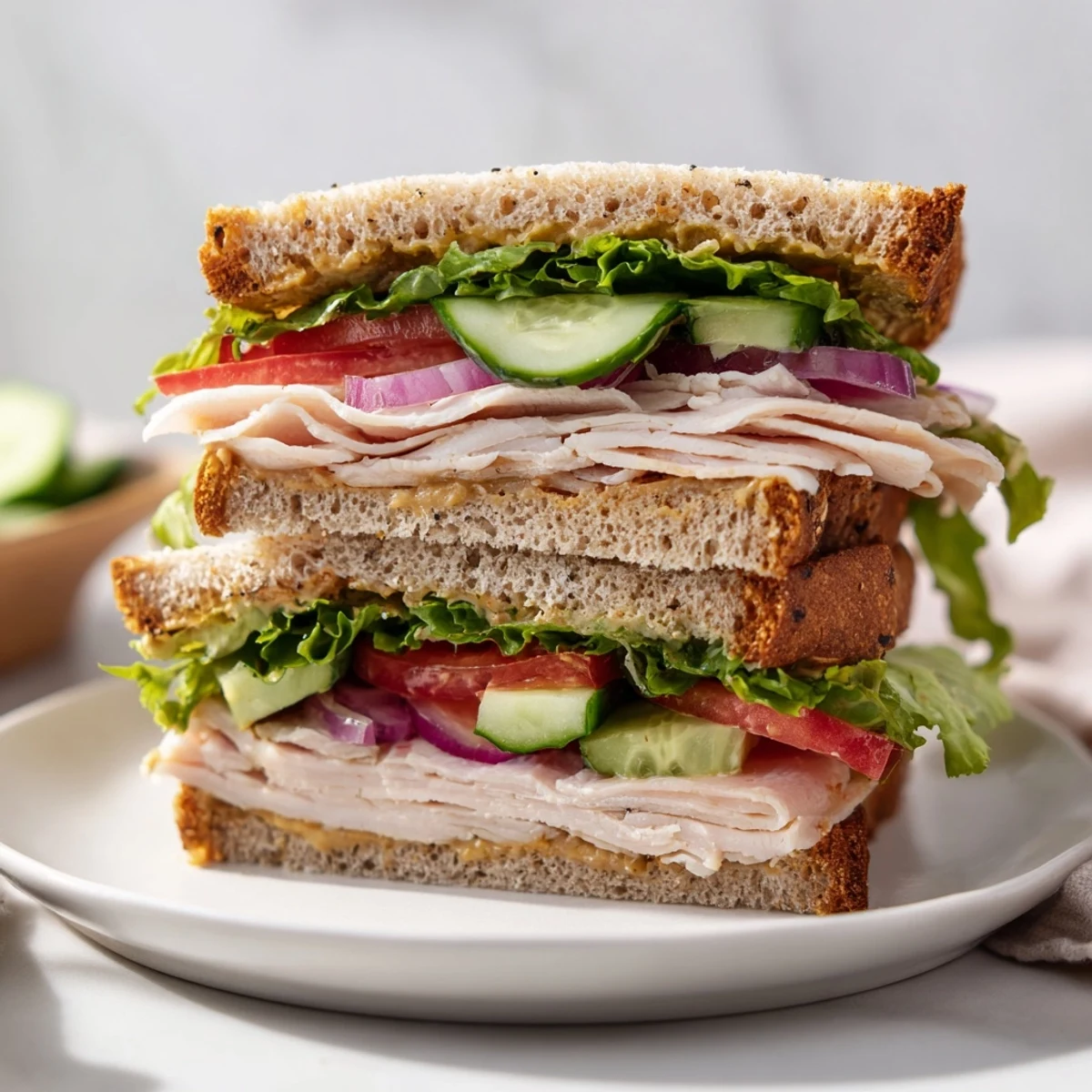 Freshly made Turkey Lunch Sandwich on whole wheat bread, filled with sliced turkey, crisp lettuce, tomato, and cucumber.