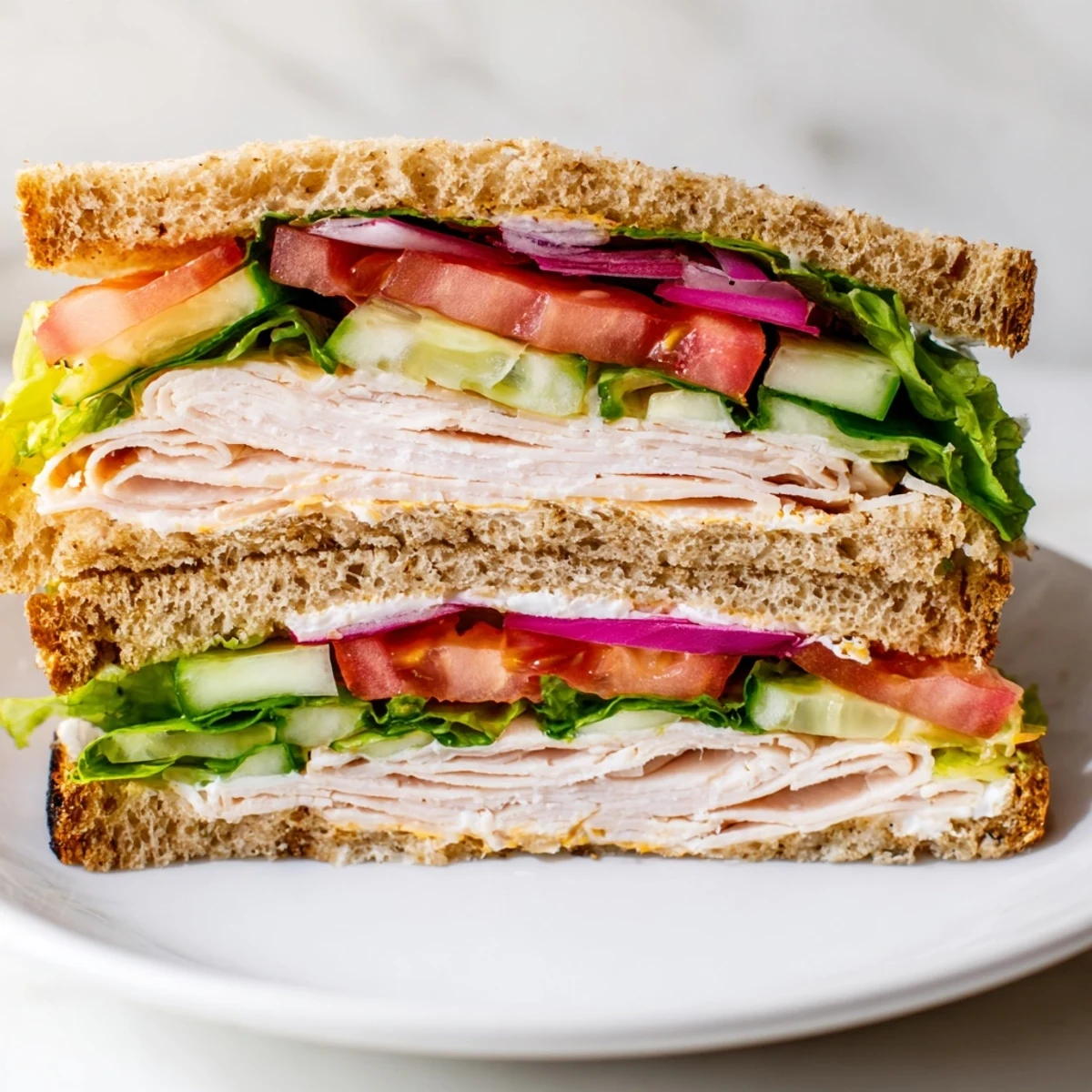 Golden toasted Turkey Lunch Sandwich cut diagonally, revealing layers of creamy mayonnaise, juicy turkey, and fresh crunchy vegetables.