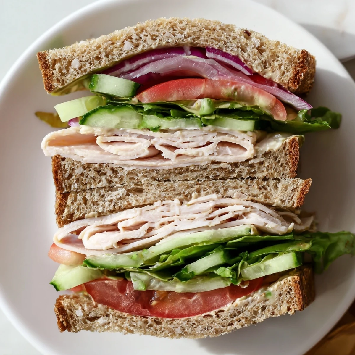 Classic deli-style Turkey Lunch Sandwich stacked high, featuring tender turkey breast and vibrant veggies, perfect for a quick midday meal.