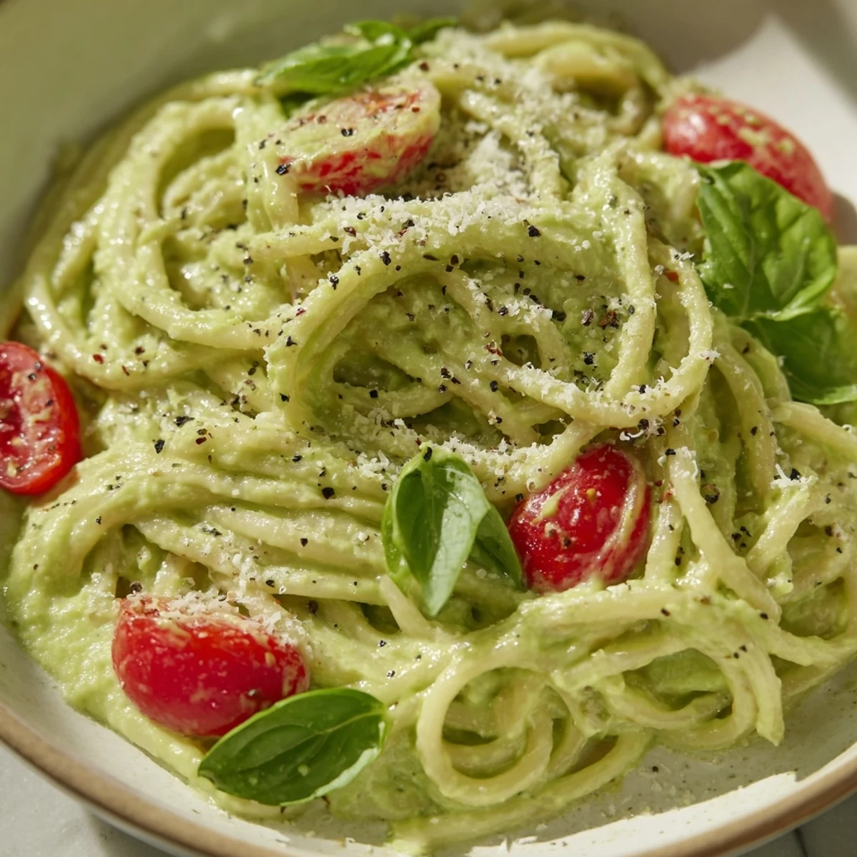 Creamy Avocado Lime Pasta with Cherry Tomatoes tossed in a silky green sauce, garnished with fresh basil and halved red tomatoes.