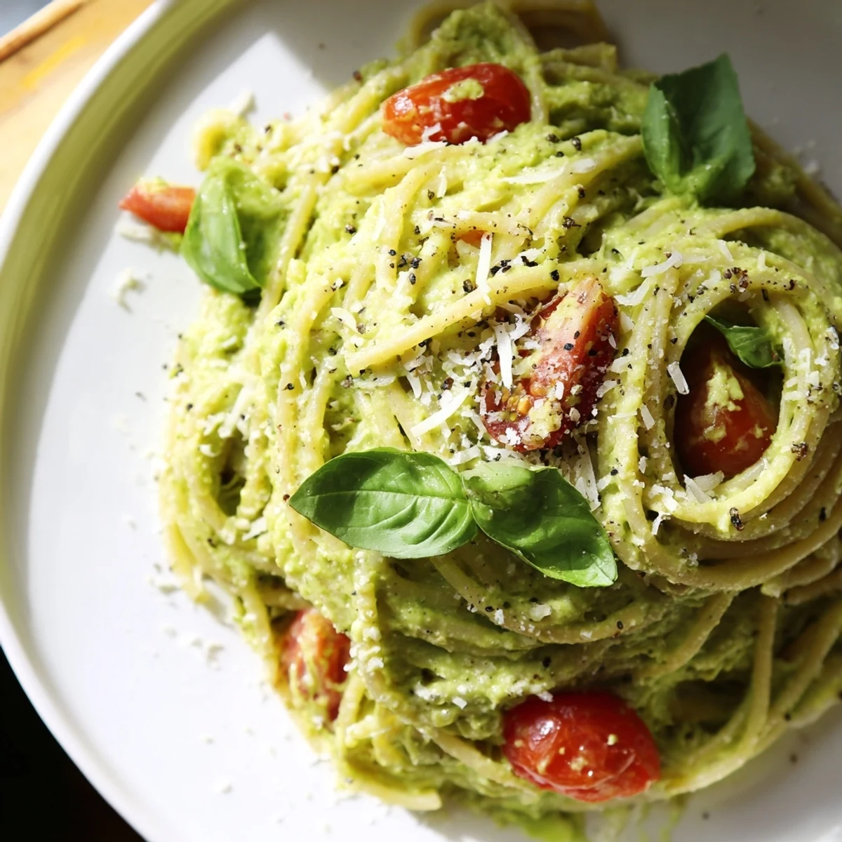 Plate of Creamy Avocado Lime Pasta with Cherry Tomatoes topped with fresh basil, ready to serve with grated Parmesan and lime zest.