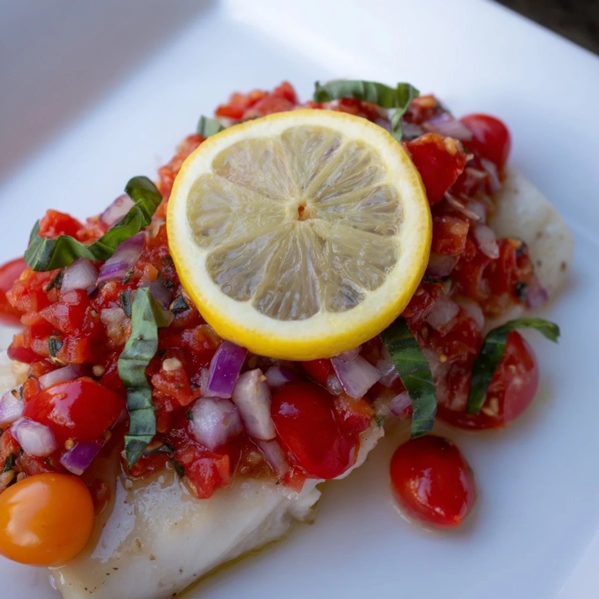 Golden-brown baked halibut fillets topped with a vibrant tomato and basil relish, served with lemon slices.