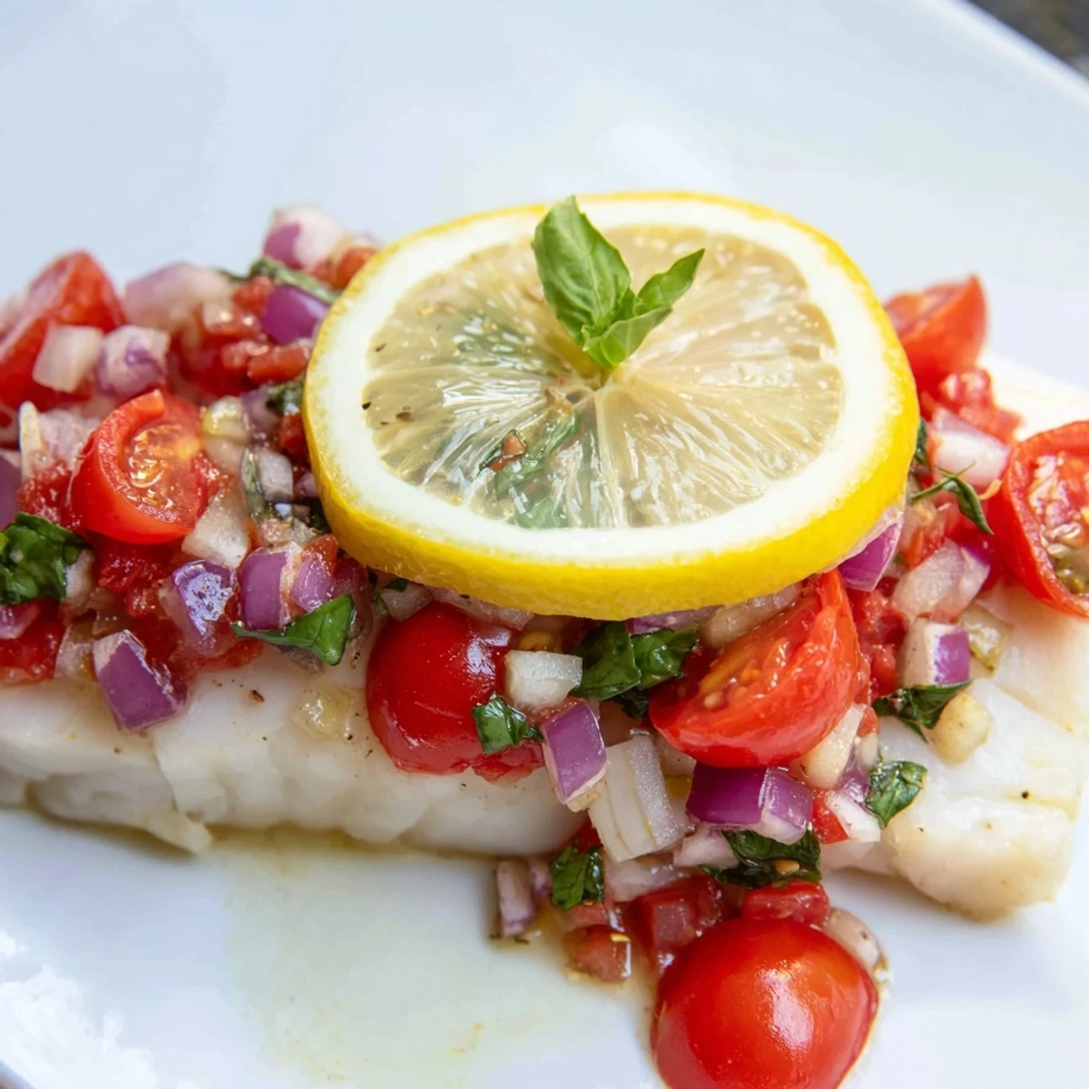 Freshly baked halibut with bright cherry tomato relish and chopped basil, garnished with lemon.