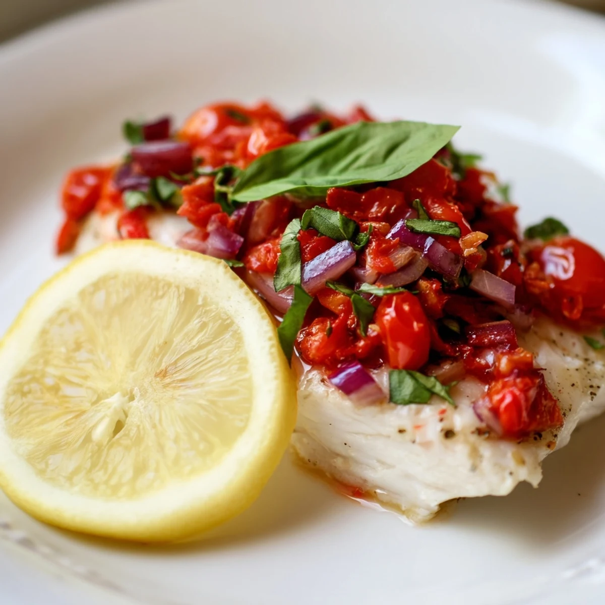 A juicy tomato and basil relish crowns tender baked halibut fillets on a white plate.