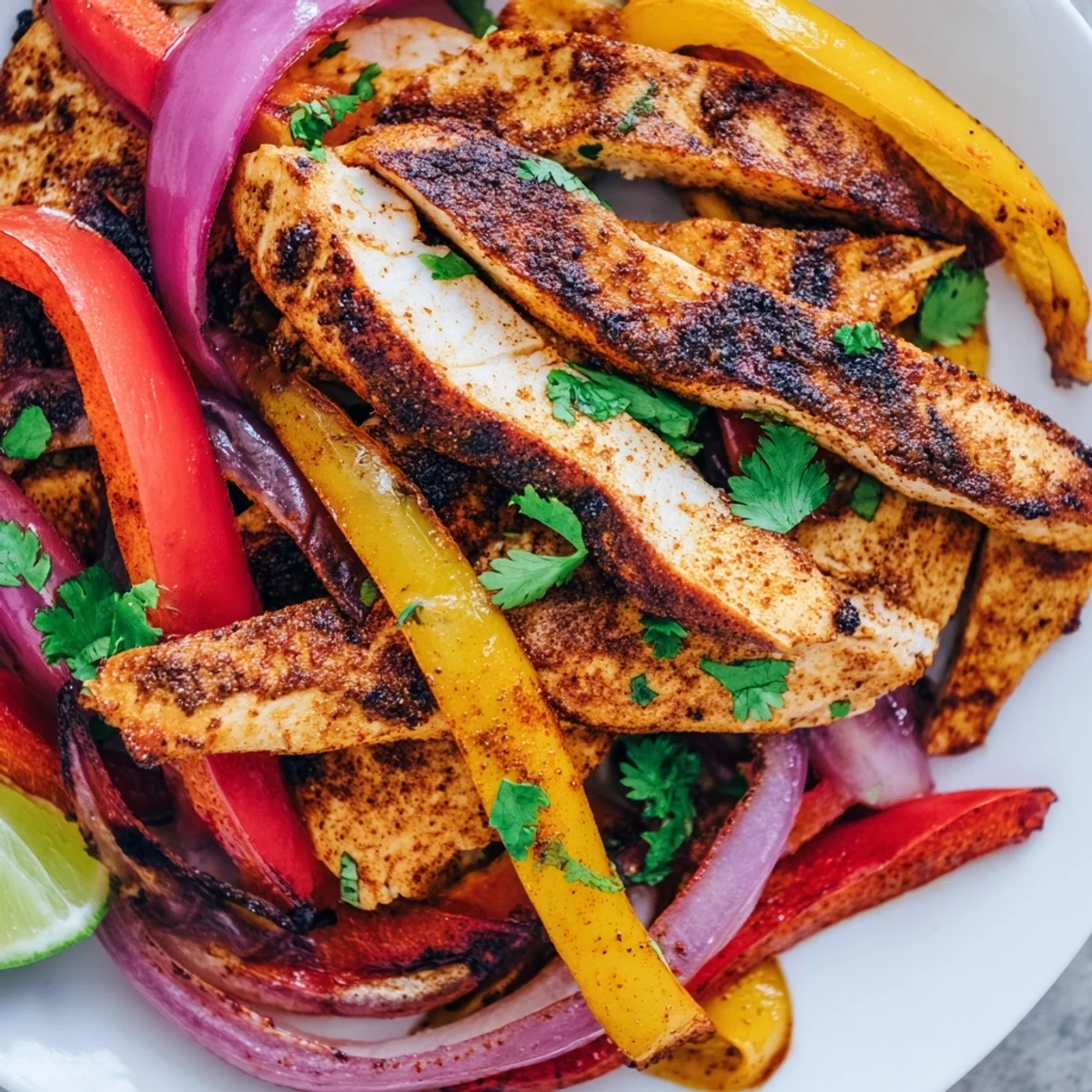 Vibrant Sheet Pan Chicken Fajitas with Onions featuring colorful peppers and caramelized onions, topped with a dollop of guacamole and sour cream.