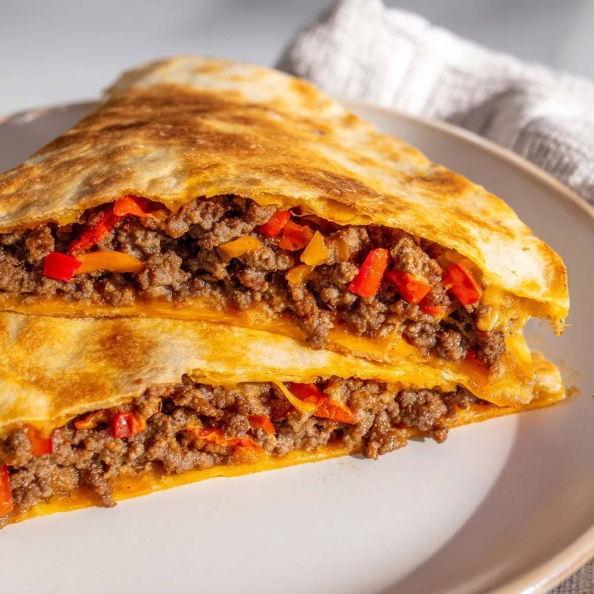 Golden, crispy flour tortilla wedges filled with seasoned ground beef and melted cheddar, served alongside fresh tomato salsa and creamy guacamole.