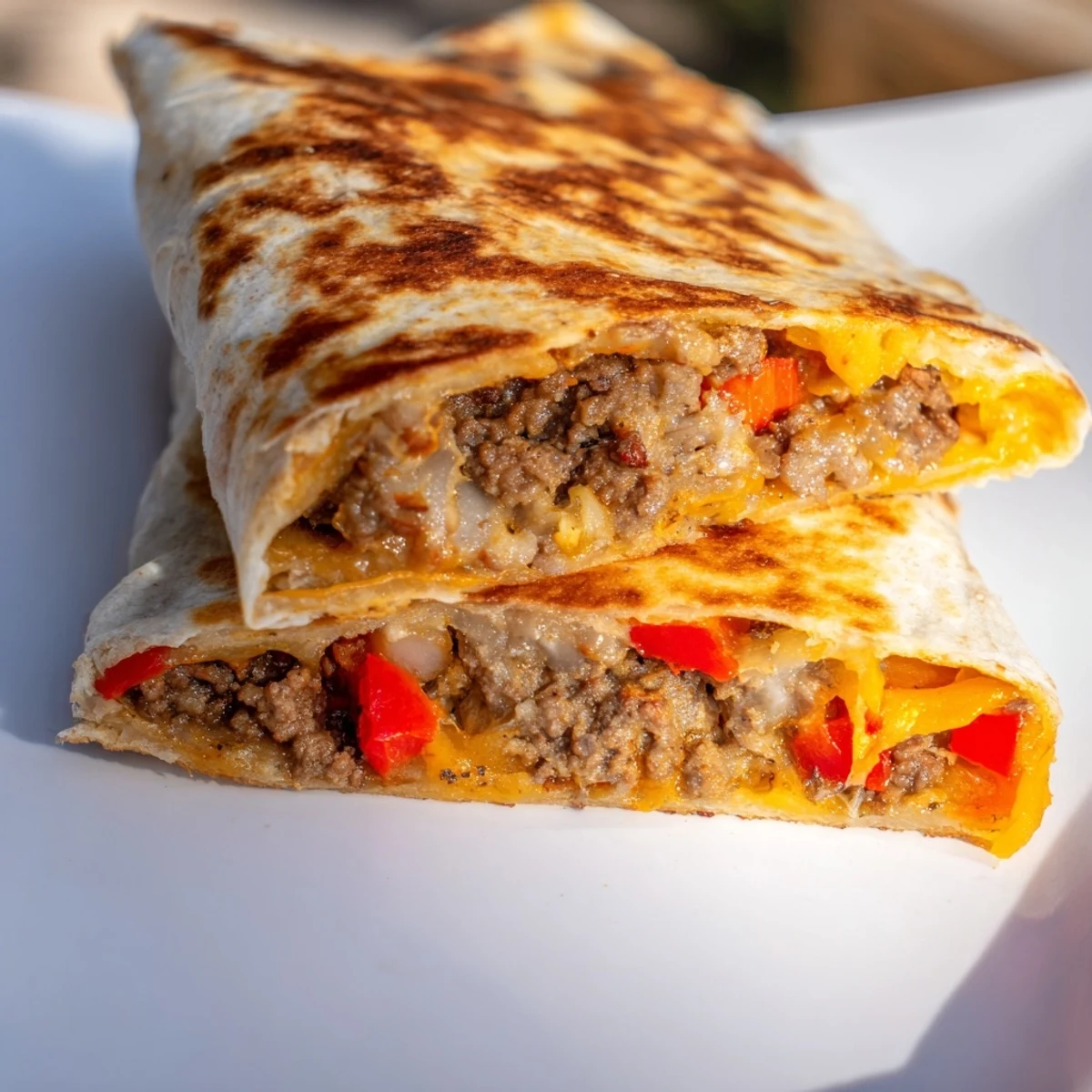 Hearty homemade Beef Quesadillas sliced into wedges on a plate, paired with vibrant guacamole and fresh pico de gallo for dipping.