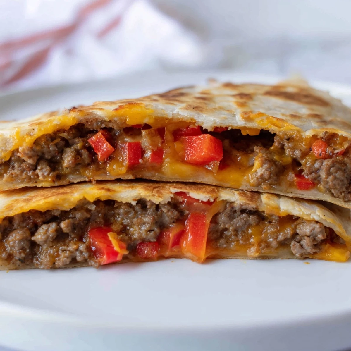 A close-up of a cut Beef Quesadilla with gooey cheese pull, topped with a spoonful of chunky salsa and cilantro.
