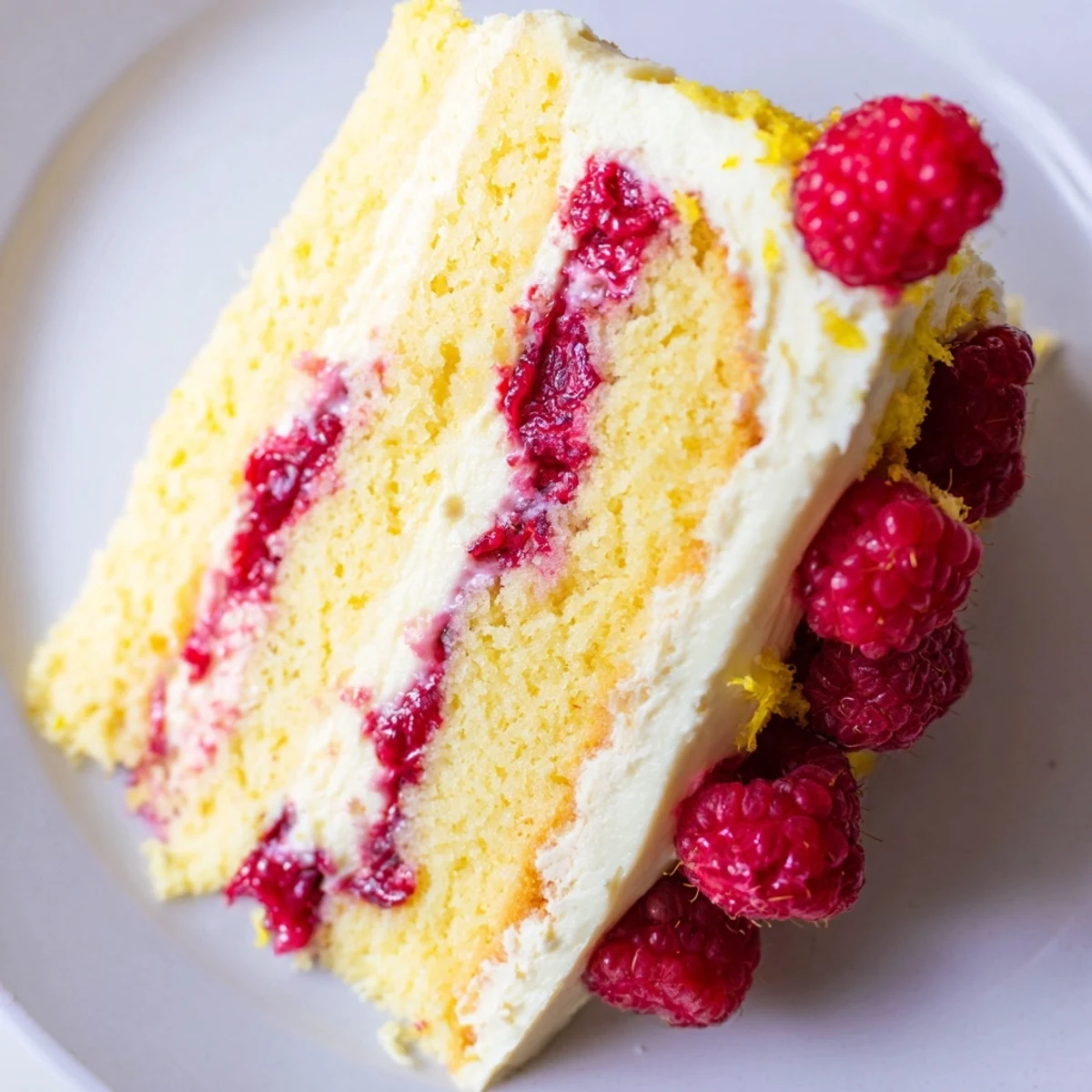 Frosted Lemon Raspberry Layer Cake topped with fresh raspberries and lemon zest, ready for a spring celebration or afternoon tea.