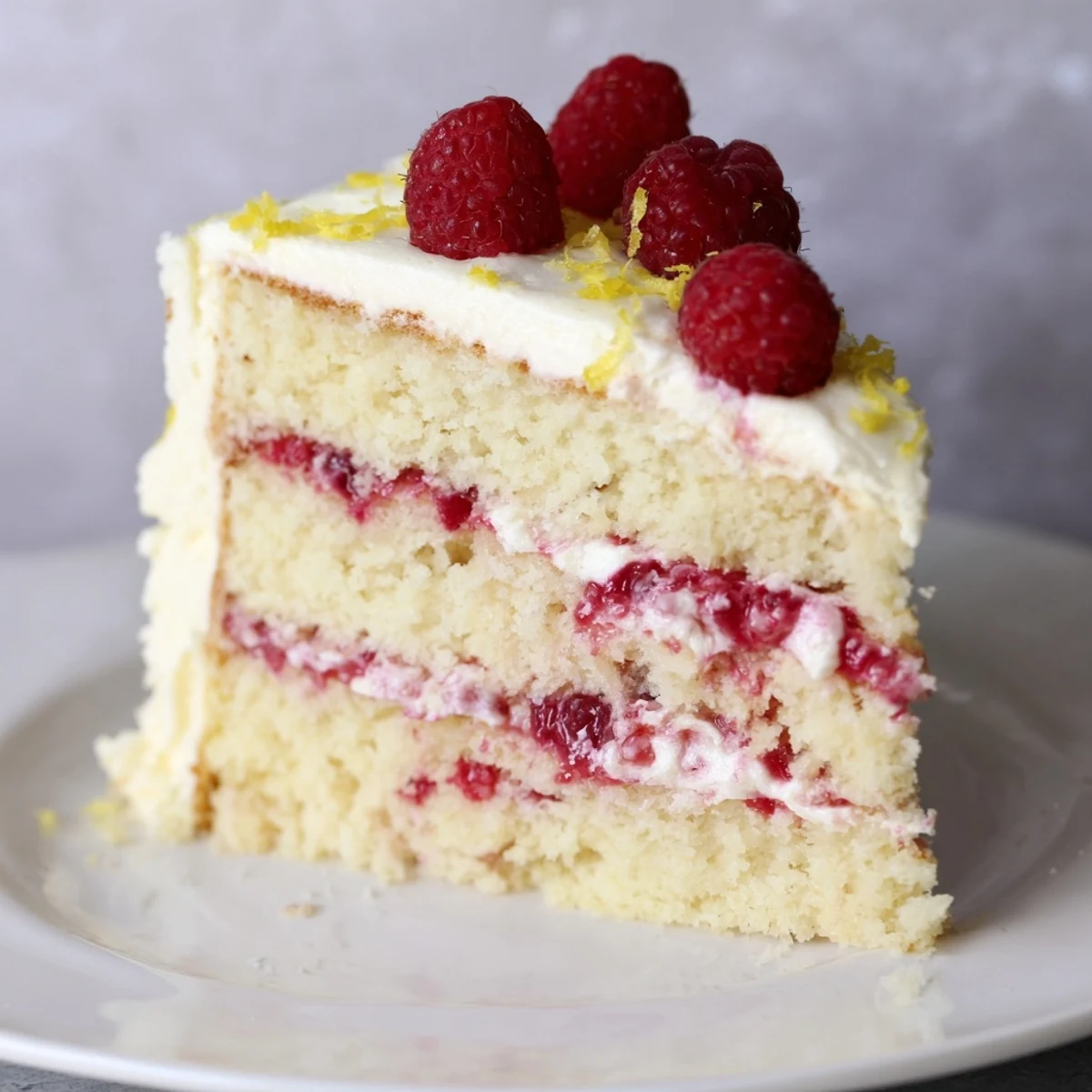 Freshly baked Lemon Raspberry Layer Cake with cream cheese frosting, sliced to reveal fluffy lemon sponge and vibrant red raspberry filling.
