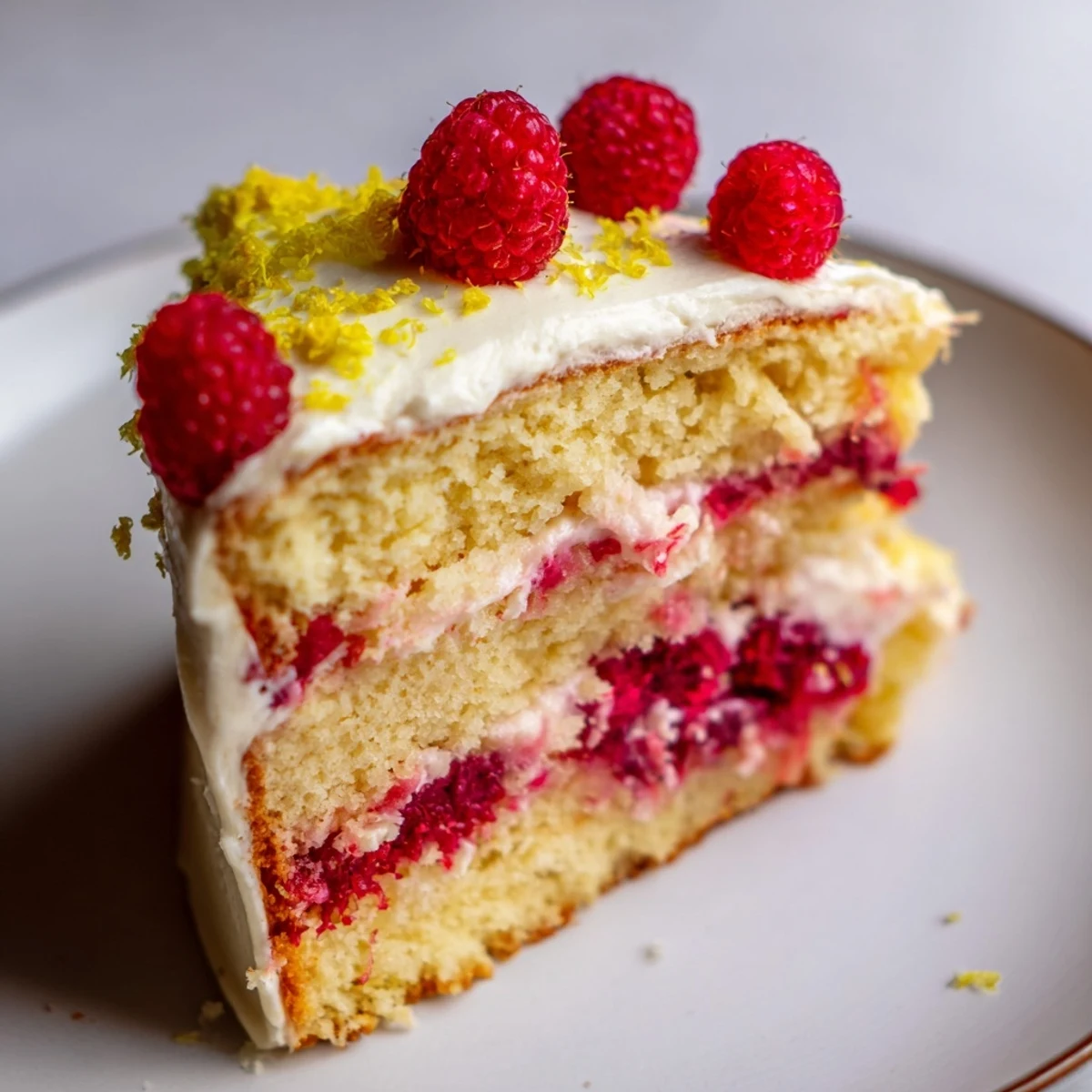 Dense Lemon Raspberry Layer Cake with rich cream cheese frosting and glossy raspberry filling on a white serving plate.