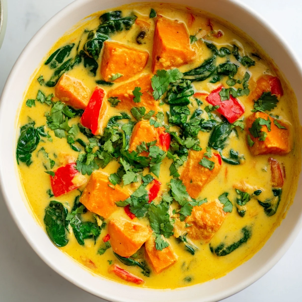 Golden sweet potato cubes and wilted spinach simmer in a creamy coconut milk curry, garnished with bright lime wedges.