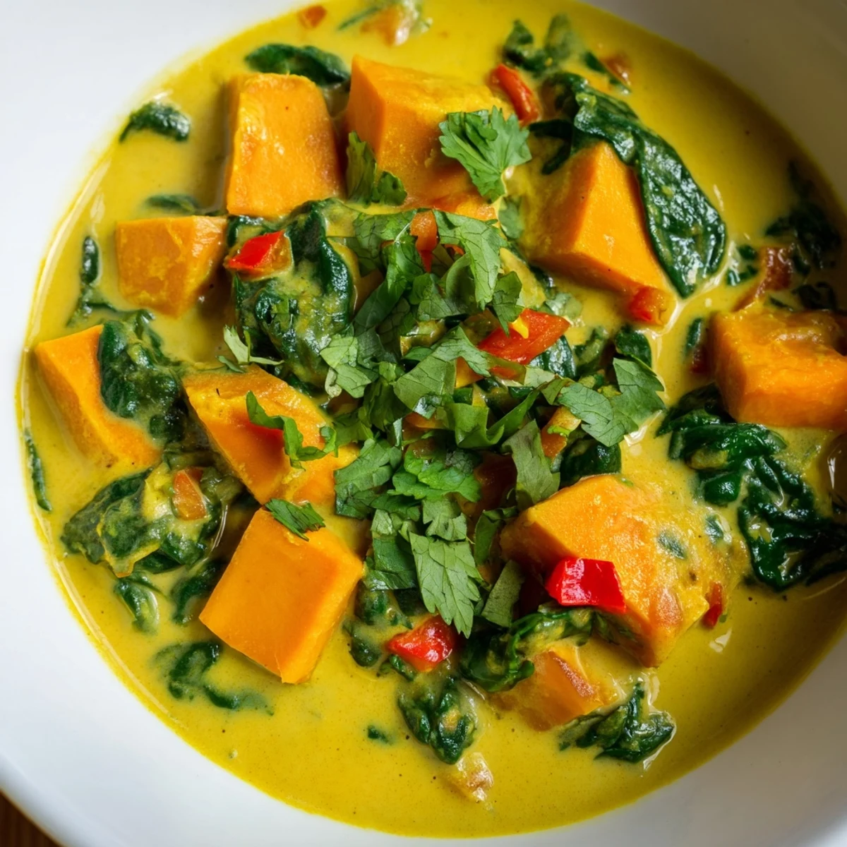 Hearty Vegan Sweet Potato Curry with Spinach in a rustic pot, featuring diced red bell pepper and aromatic spices.