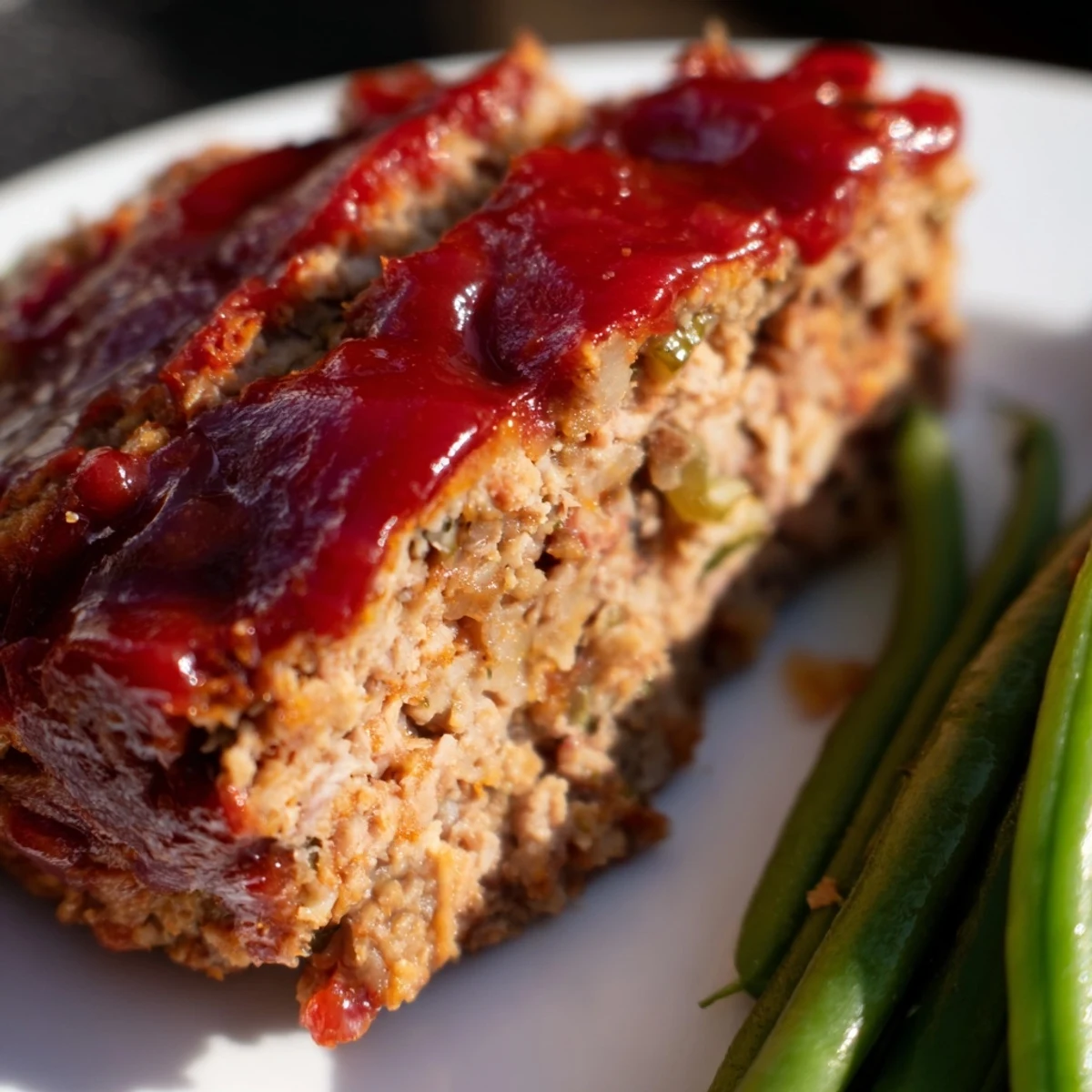 Freshly baked turkey meatloaf with sticky glaze and crisp green beans on a white plate.