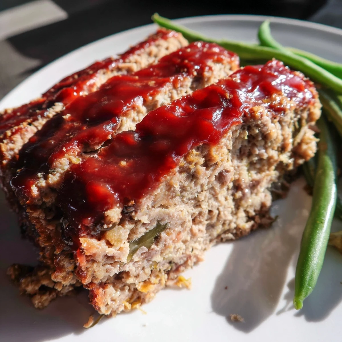 A slice of glazed turkey meatloaf with green beans and a drizzle of lemon.