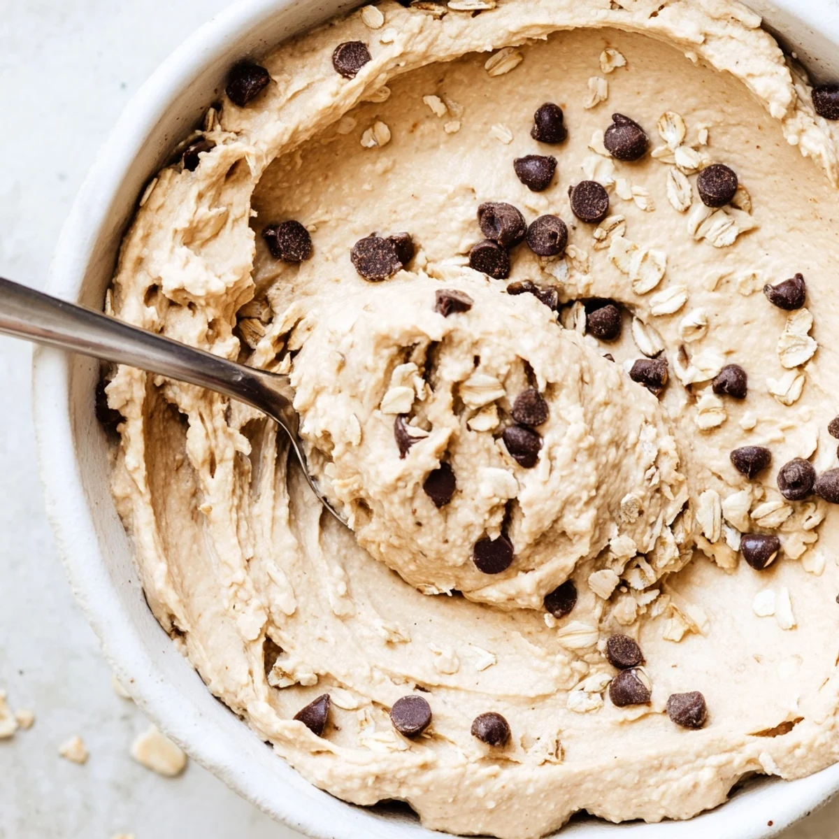 A bowl of creamy Chocolate Chip Cookie Dough Hummus topped with extra chocolate chips and ready for dipping.