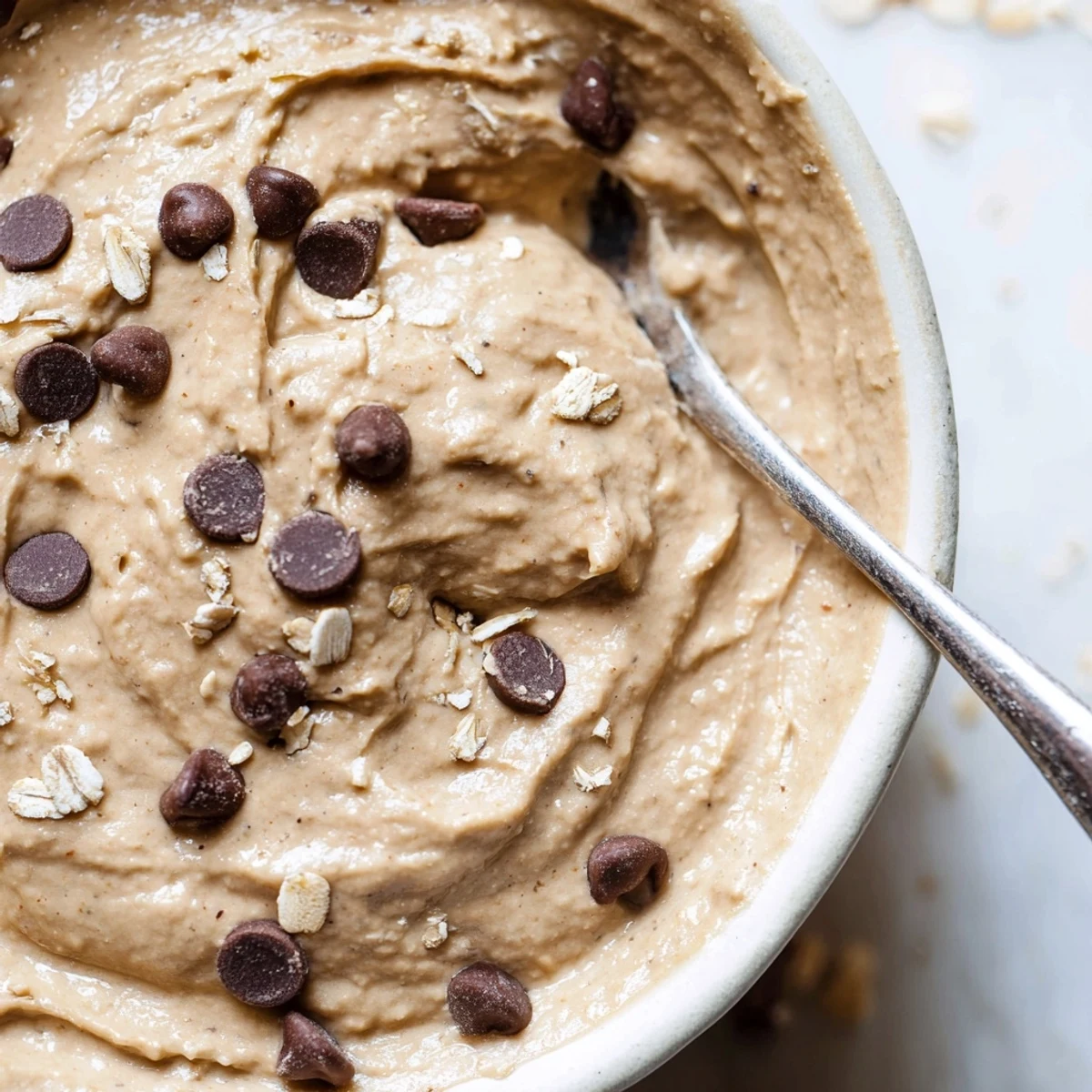 Scoop of Chocolate Chip Cookie Dough Hummus on a spoon, showing its smooth texture and mini chocolate chips.