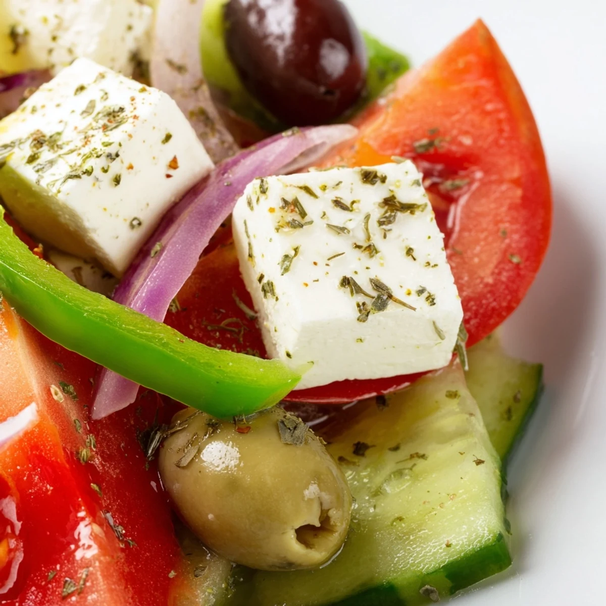 Healthy Greek Salad recipe served in a rustic bowl, perfect for a light lunch or backyard barbecue side dish.