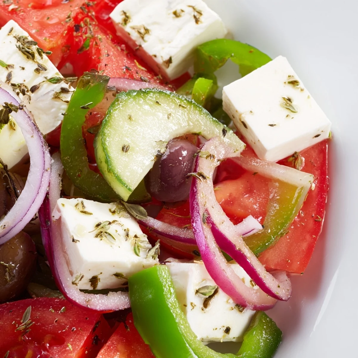 A vibrant vegetarian Greek Salad recipe with crisp vegetables, briny Kalamata olives, and a tangy olive oil dressing.
