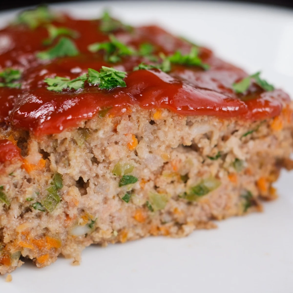 Golden brown turkey meatloaf with sticky tomato glaze alongside bright green beans on a white plate.