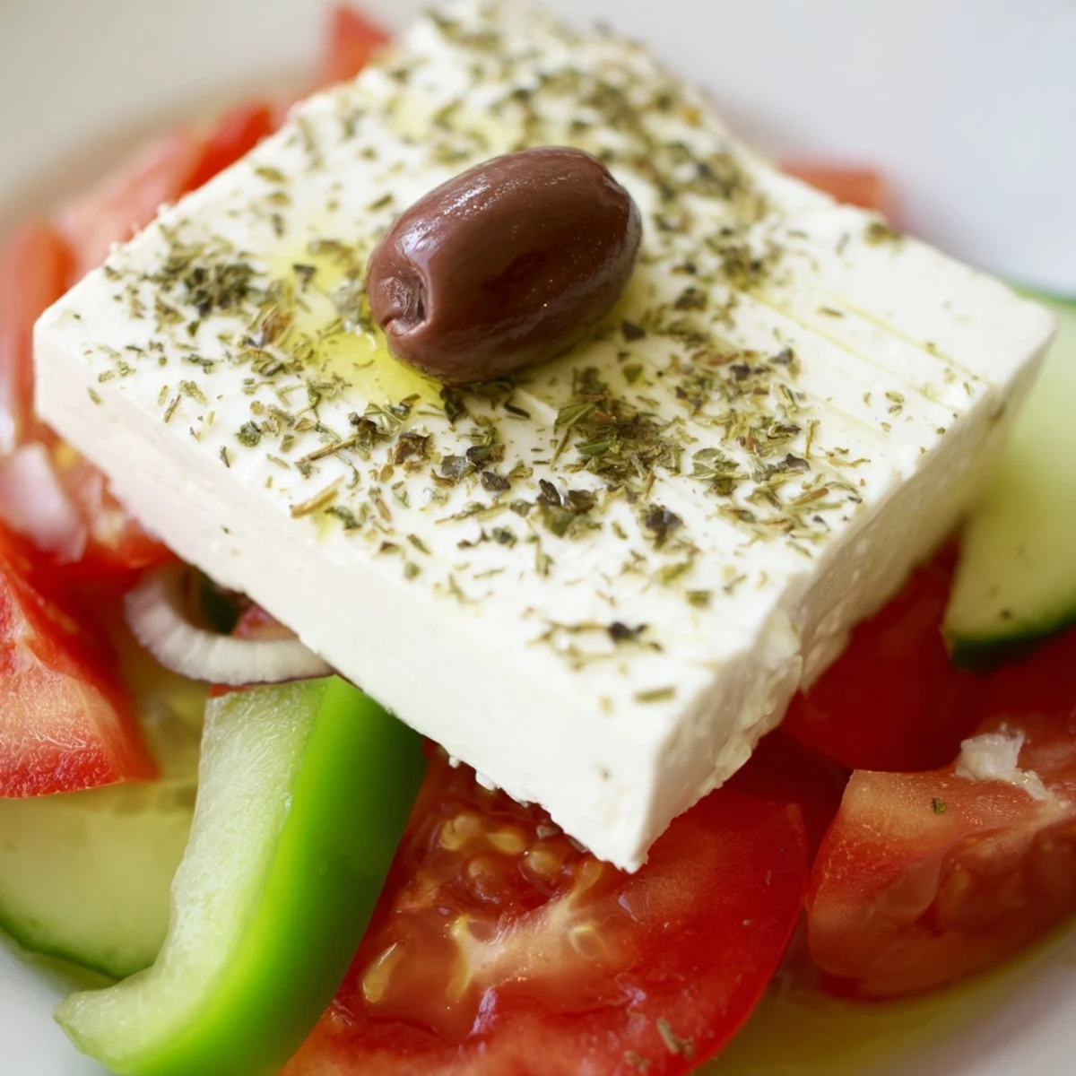 Freshly prepared Greek Salad with Kalamata Olives, Cucumber, and Feta served in a white bowl with red onion and bell pepper.