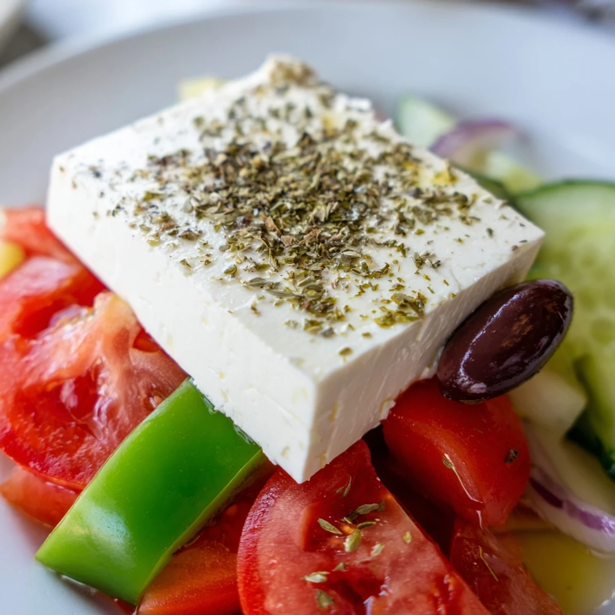 Colorful Greek Salad with Kalamata Olives, Cucumber, and Feta topped with briny olives and creamy feta, perfect for a light lunch.