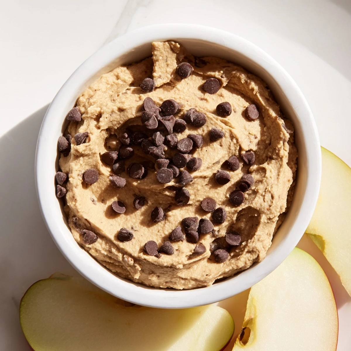 Healthy chocolate chip cookie dough hummus served in a bowl with sliced apples, great for meal prep or dessert.