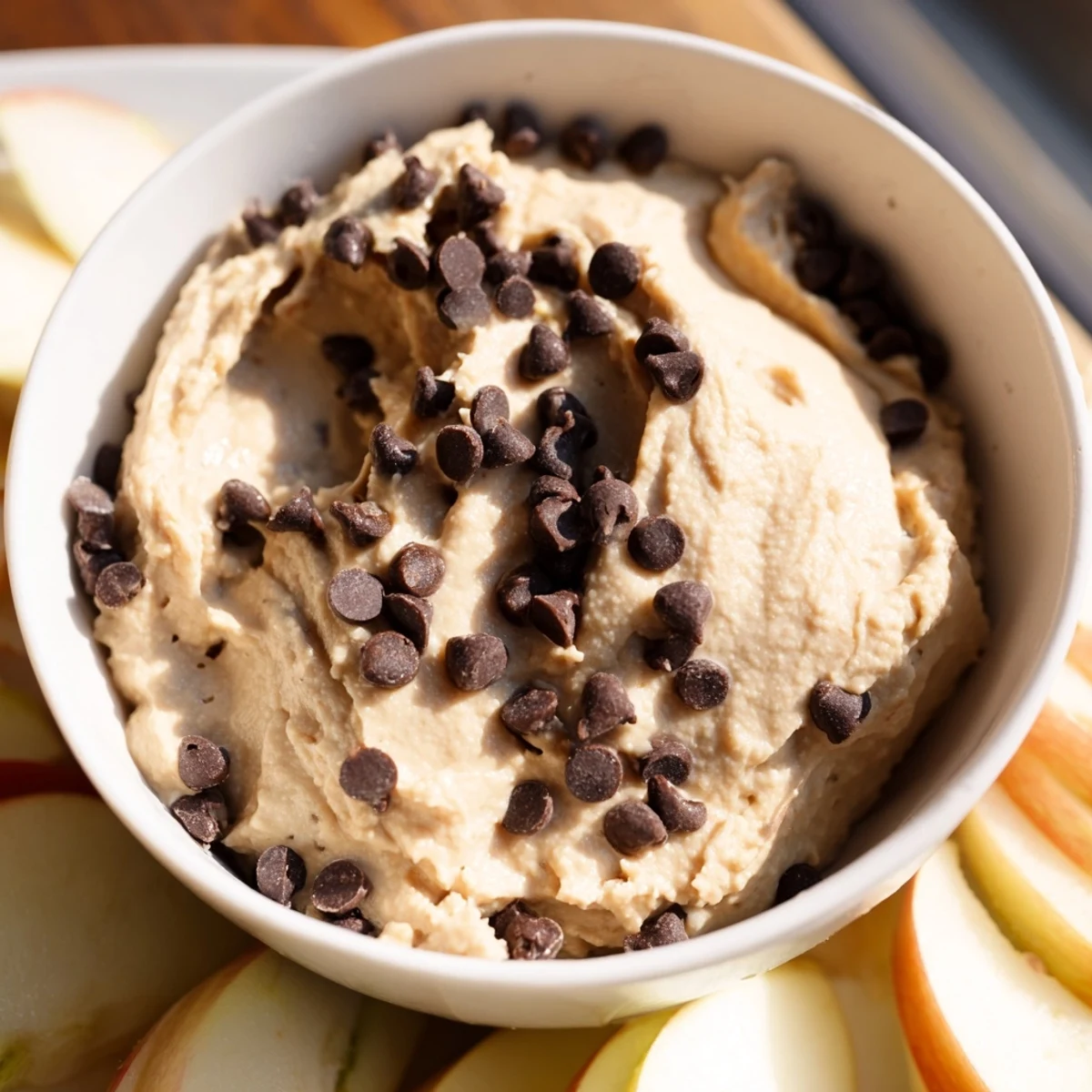 A sweet, protein-rich chocolate chip cookie dough hummus dip paired with fresh apple slices, perfect for healthy snacking.