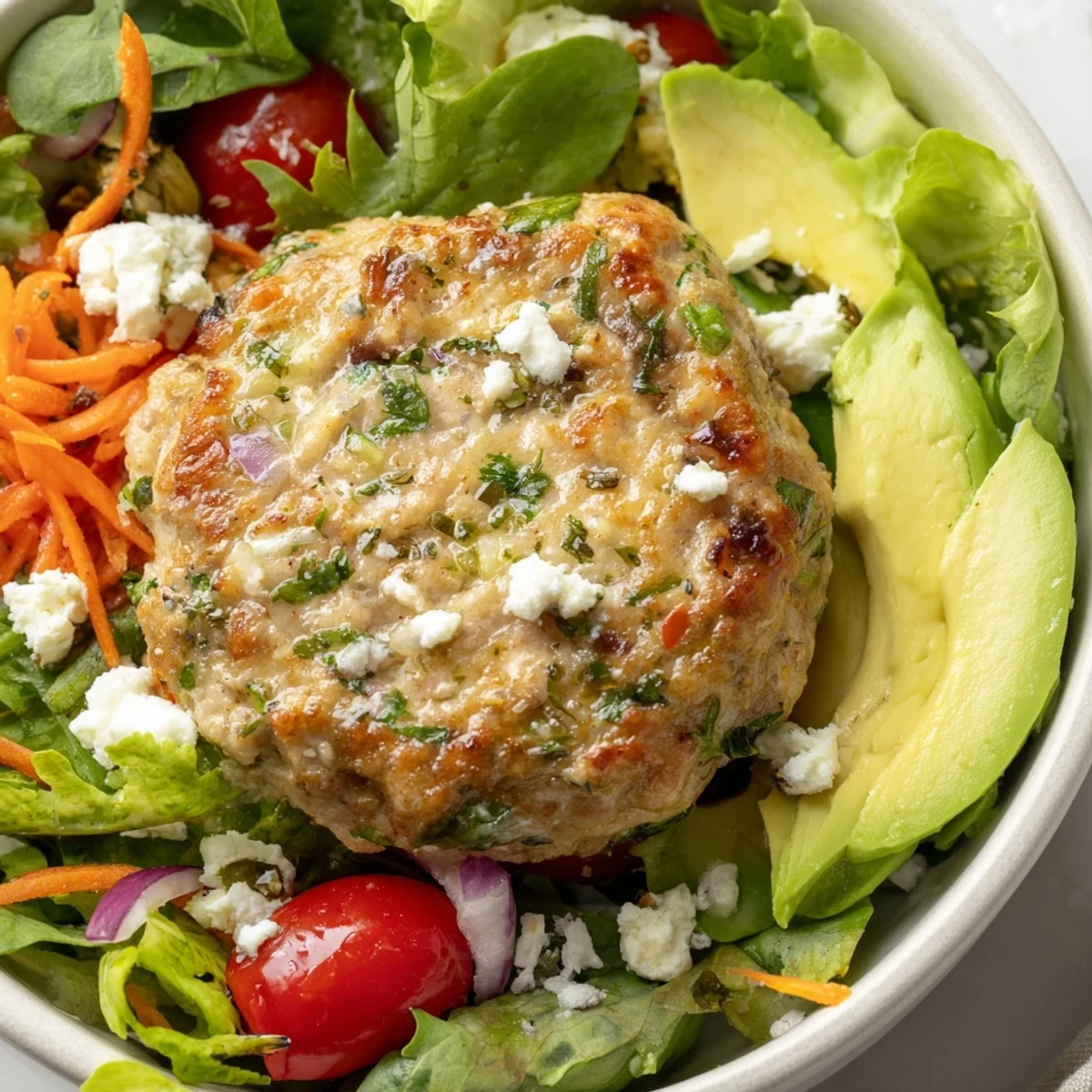 Golden-brown turkey burger patty rests on a colorful salad of greens, tomatoes, and avocado with vinaigrette.