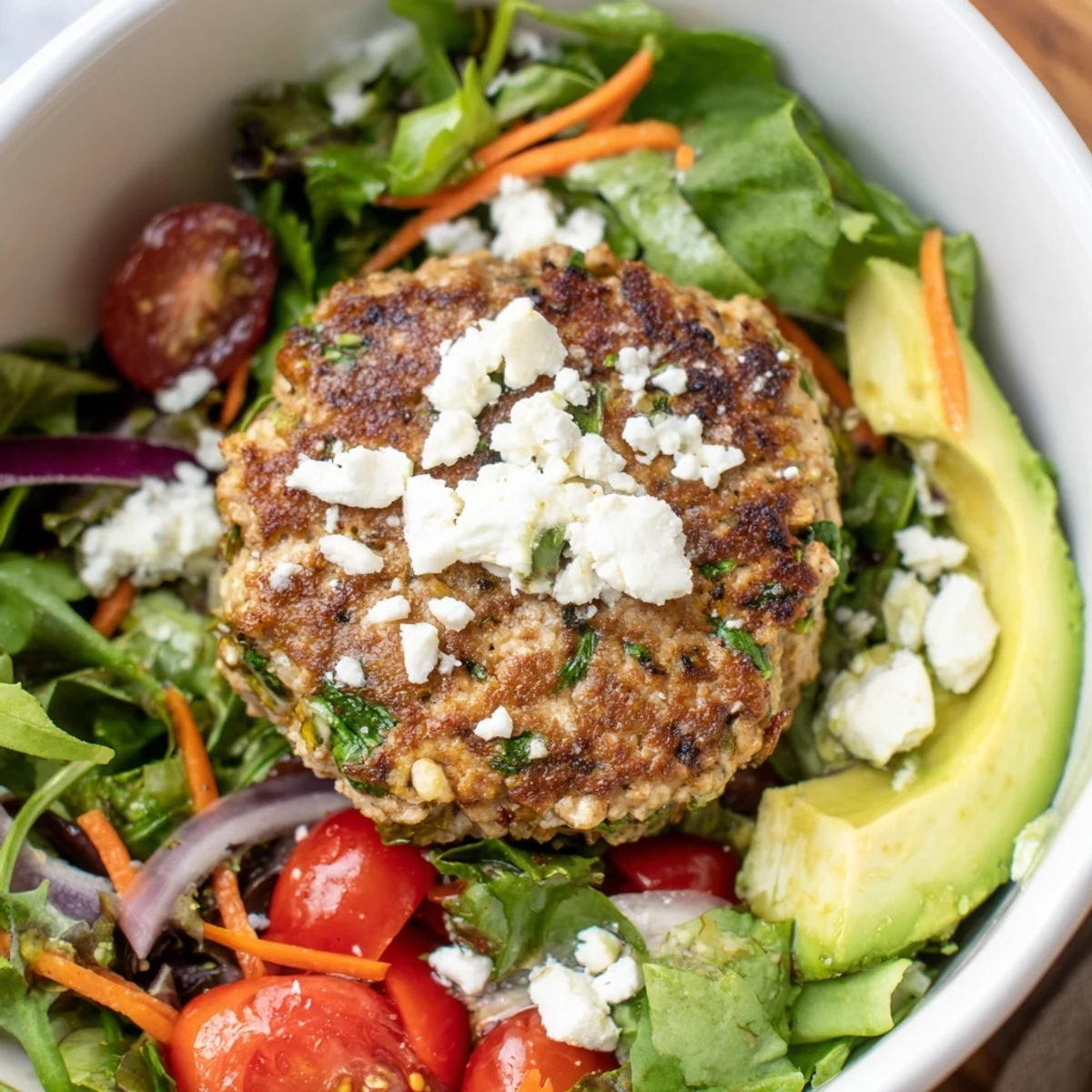 A freshly cooked turkey burger salad bowl with vinaigrette drizzled over crisp greens and sliced vegetables.
