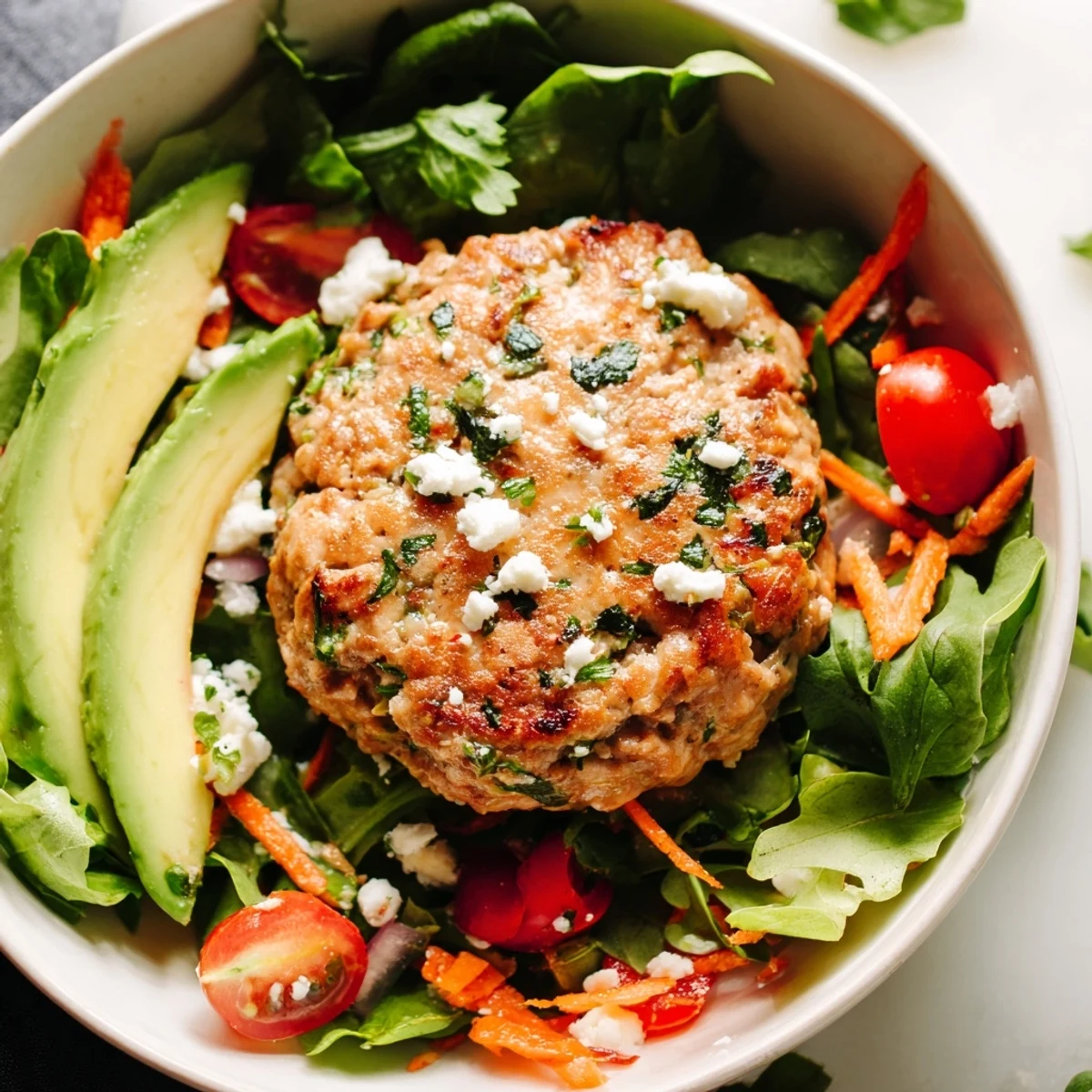 Savory turkey burger salad bowl topped with feta cheese, ready to serve with a zesty vinaigrette dressing.