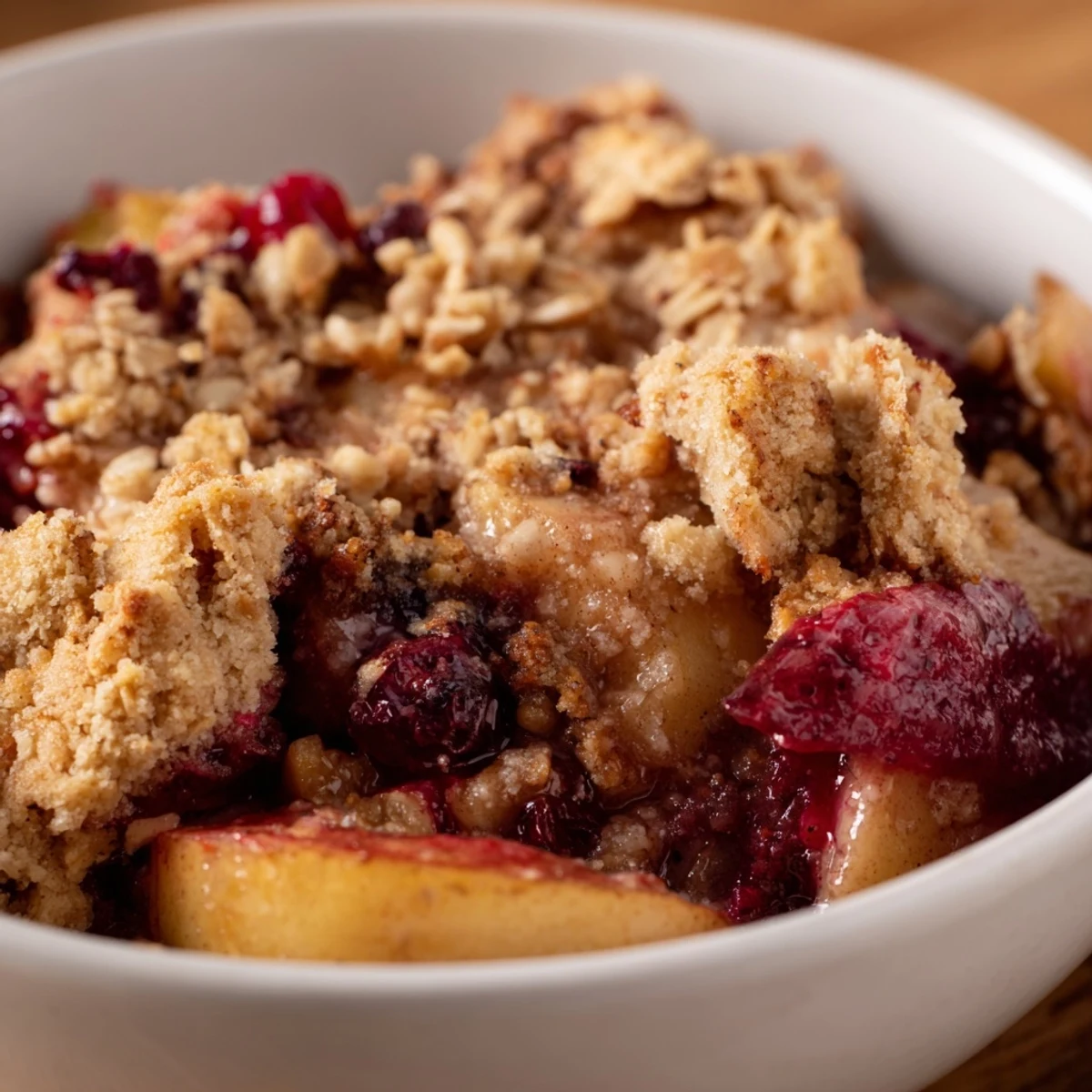 Freshly baked Winter Fruit Crisp with Cinnamon Oat Crumble emerging from the oven with bubbling fruit and golden brown topping.