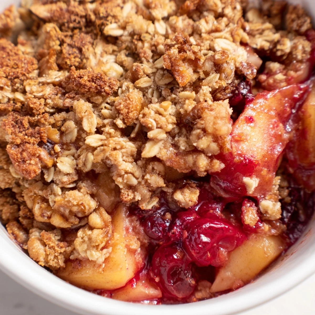 Close-up of a spoonful of Winter Fruit Crisp with Cinnamon Oat Crumble revealing tender baked apples, pears, and cranberries.