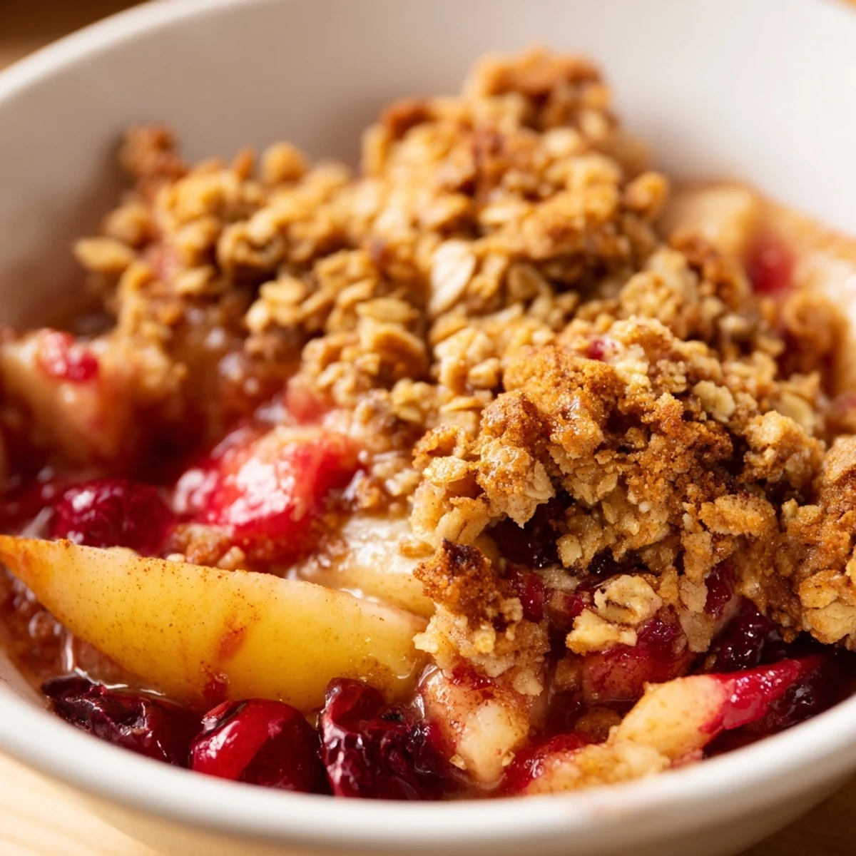Perfectly golden brown Winter Fruit Crisp with Cinnamon Oat Crumble served warm in a dish, ready to be scooped.