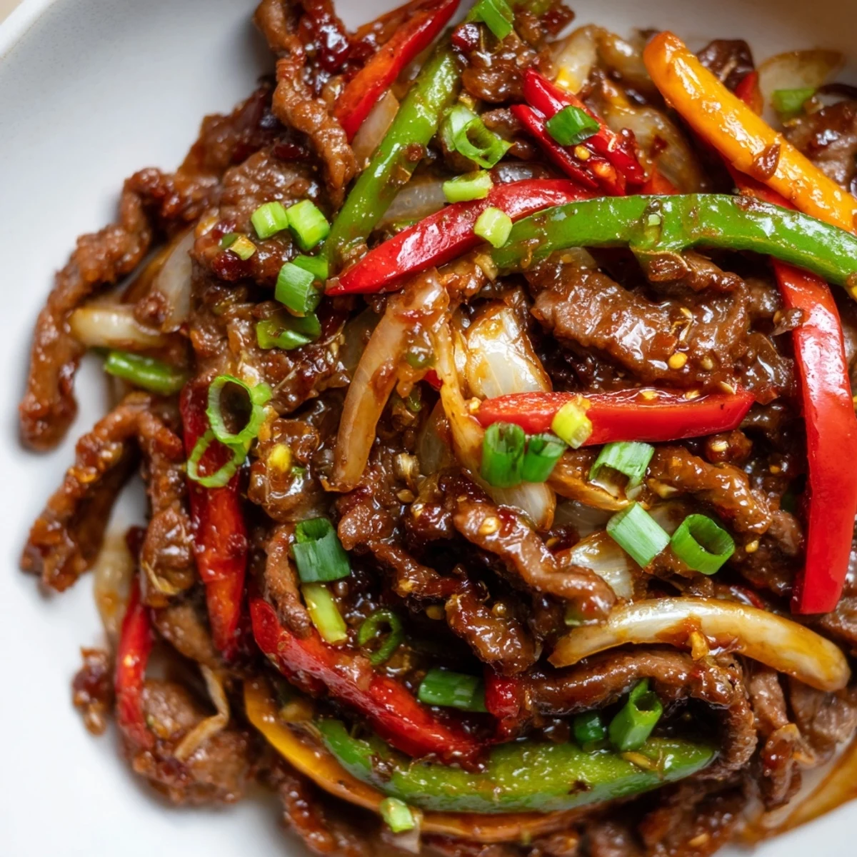 Tender beef strips and vibrant bell peppers glisten in a spicy sauce atop fluffy steamed rice for Spicy Beef and Pepper Stir Fry.