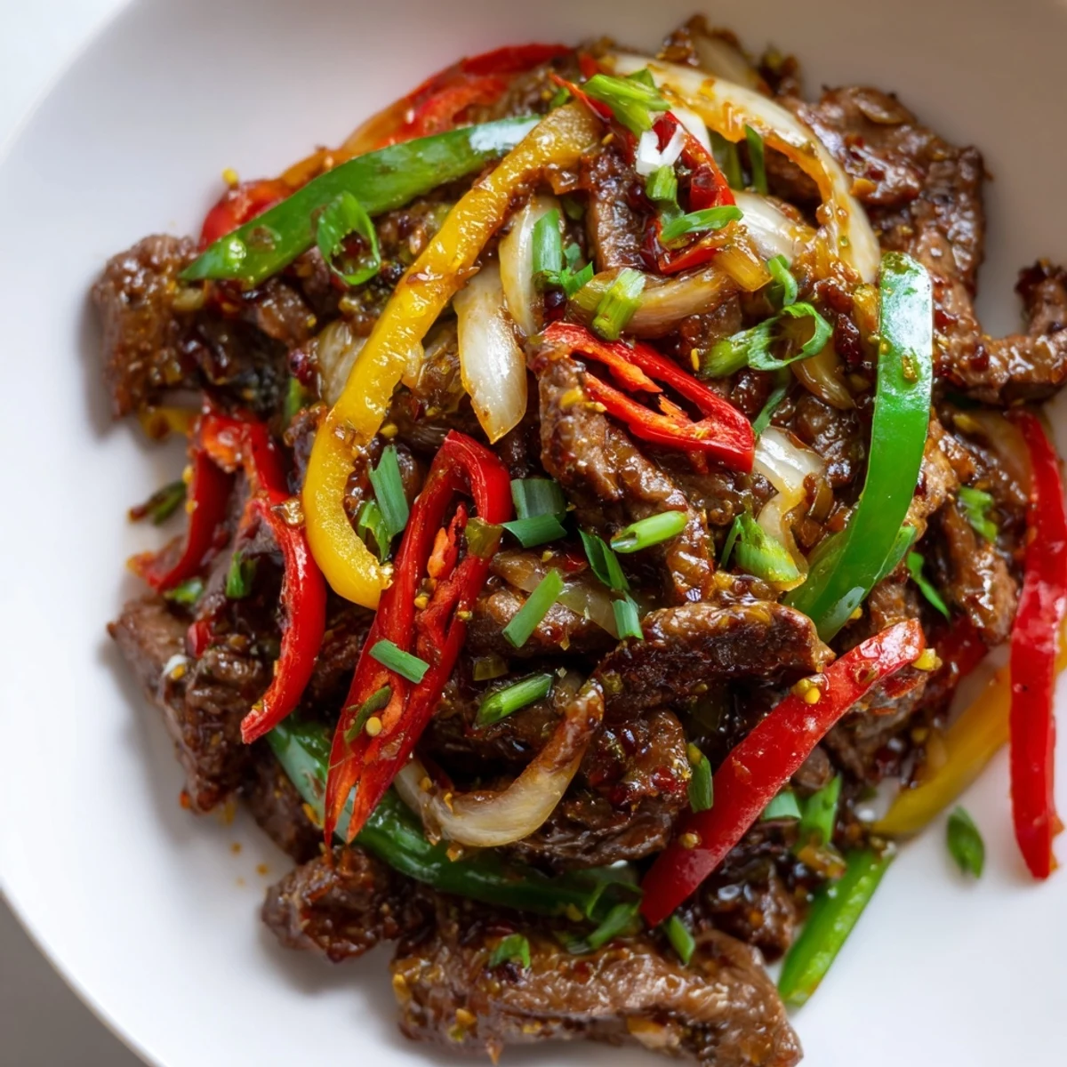 A close-up of a wok with caramelized beef, crisp peppers, and chilies, served with jasmine rice for an easy weeknight Spicy Beef and Pepper Stir Fry.