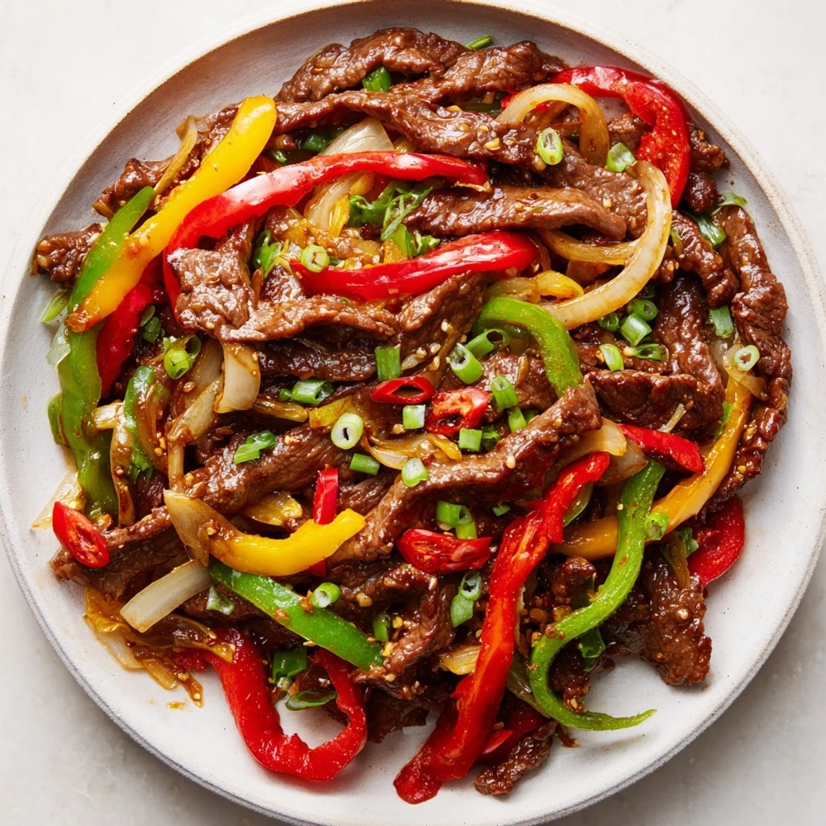 Colorful bell peppers and sizzling beef coated in a bold, glossy sauce, plated with green onions for a flavorful Spicy Beef and Pepper Stir Fry.