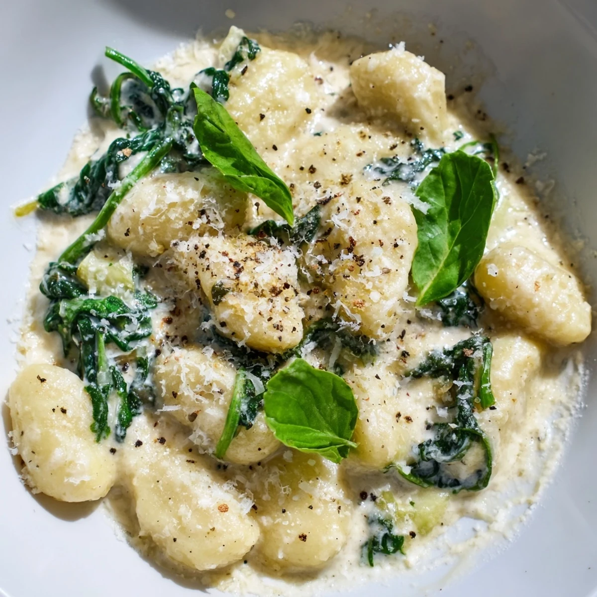 Creamy Gnocchi with Spinach and Cream Sauce served as a comforting Italian dinner, featuring tender dumplings coated in velvety sauce.