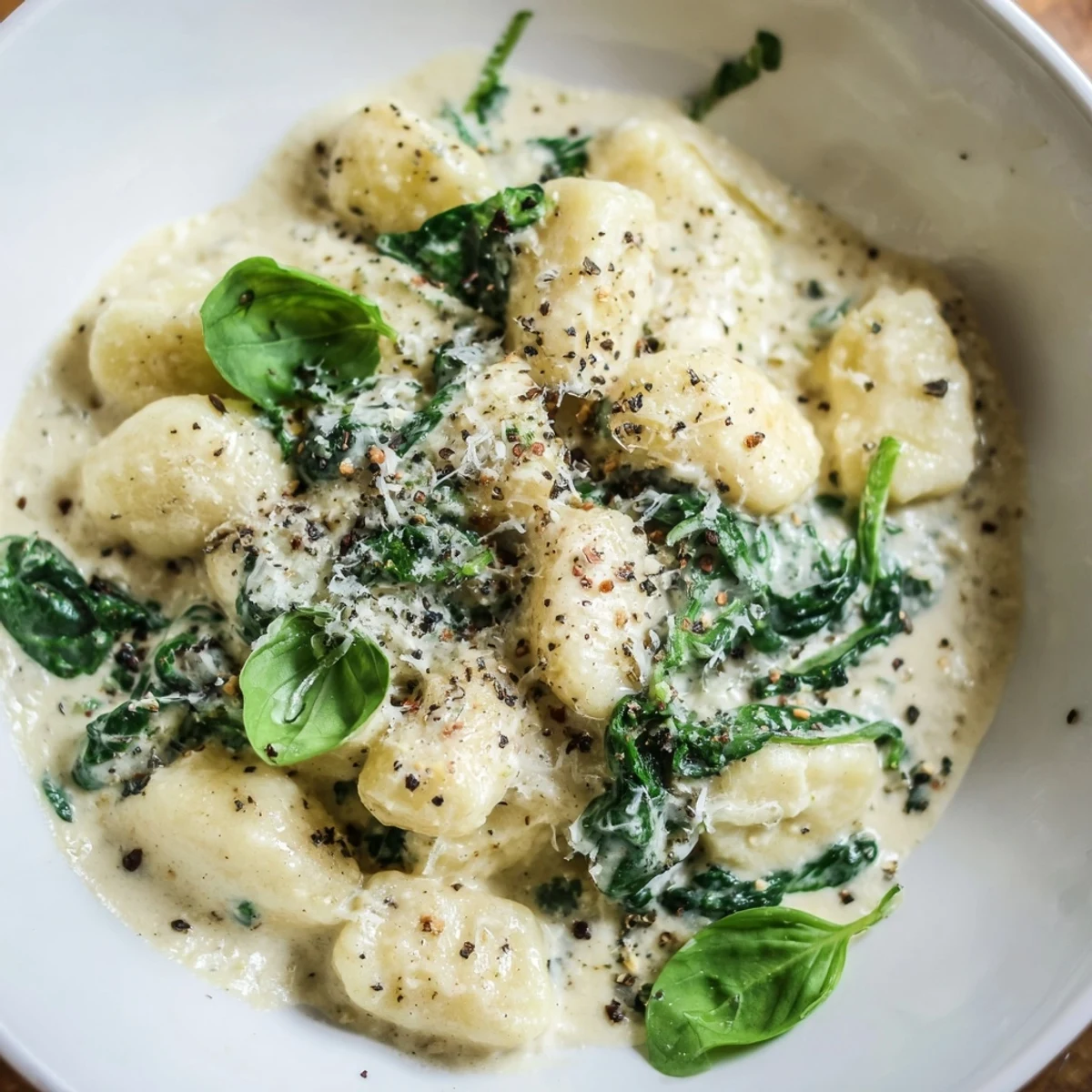 Steaming Creamy Gnocchi with Spinach and Cream Sauce in a skillet with wilted spinach and garlic, ready to serve immediately.