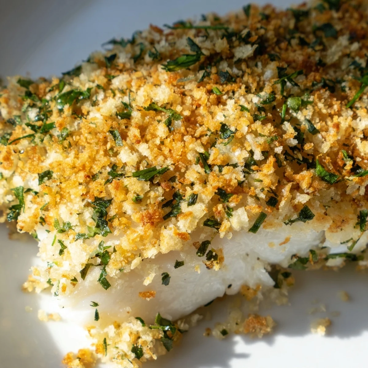 Golden-baked Baked Cod with Panko and Herb Crust on a ceramic plate, garnished with fresh parsley and served with lemon wedges.