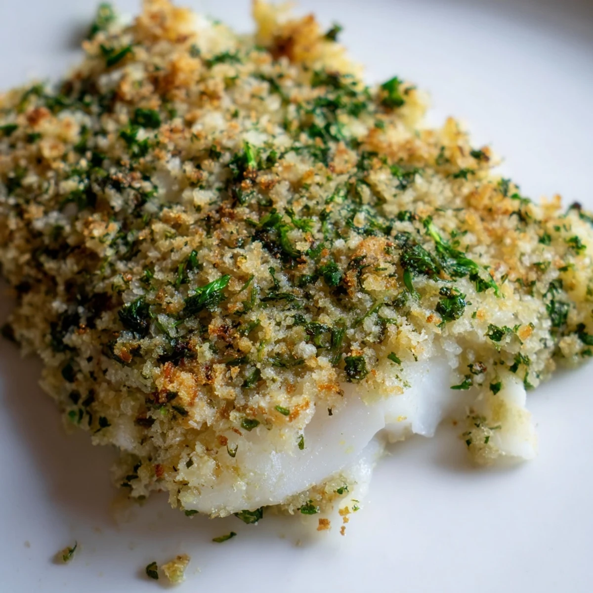Freshly cooked Baked Cod with Panko and Herb Crust on a baking sheet, garnished with herbs and lemon wedges.