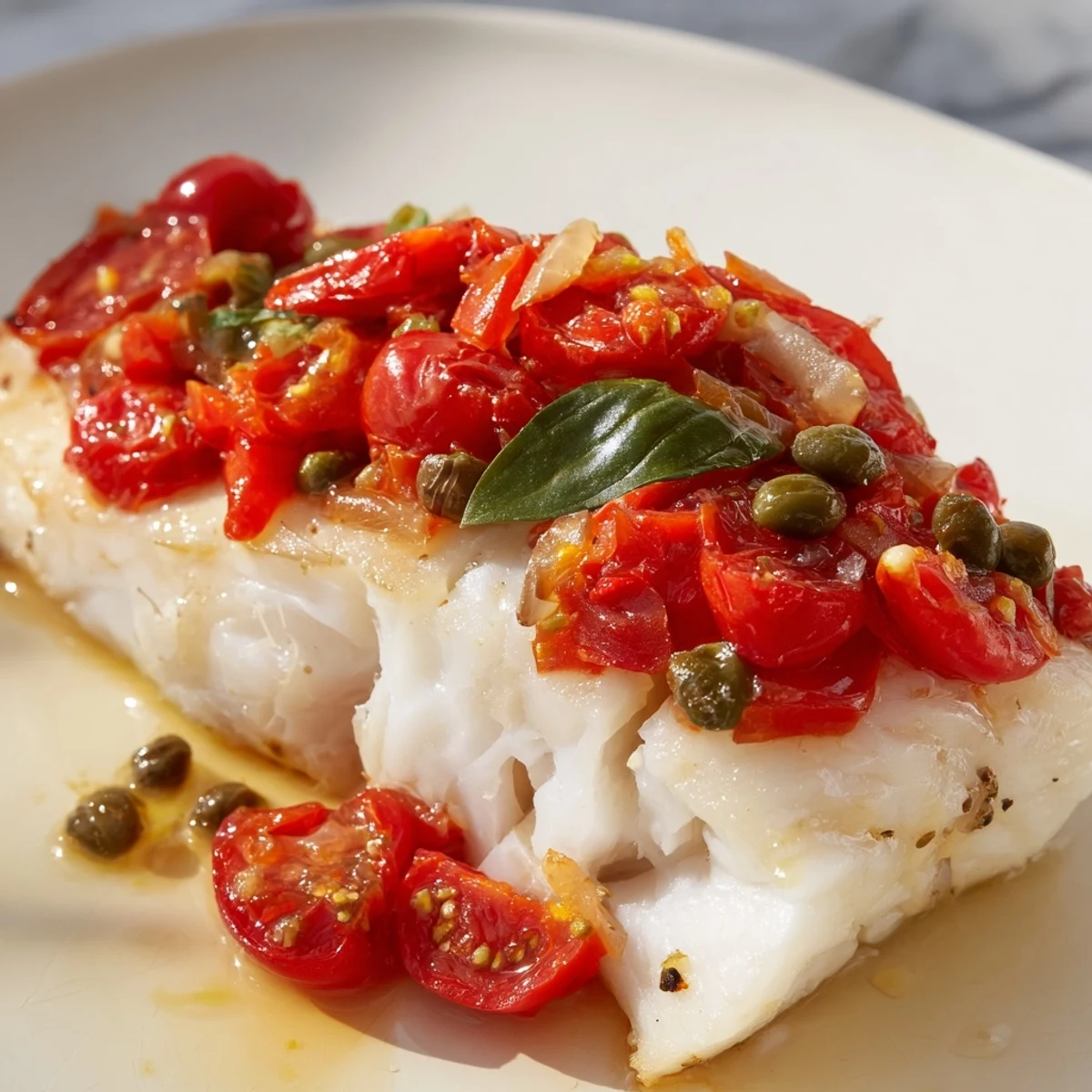 Golden-baked halibut fillets topped with fresh tomato basil relish on a white plate.