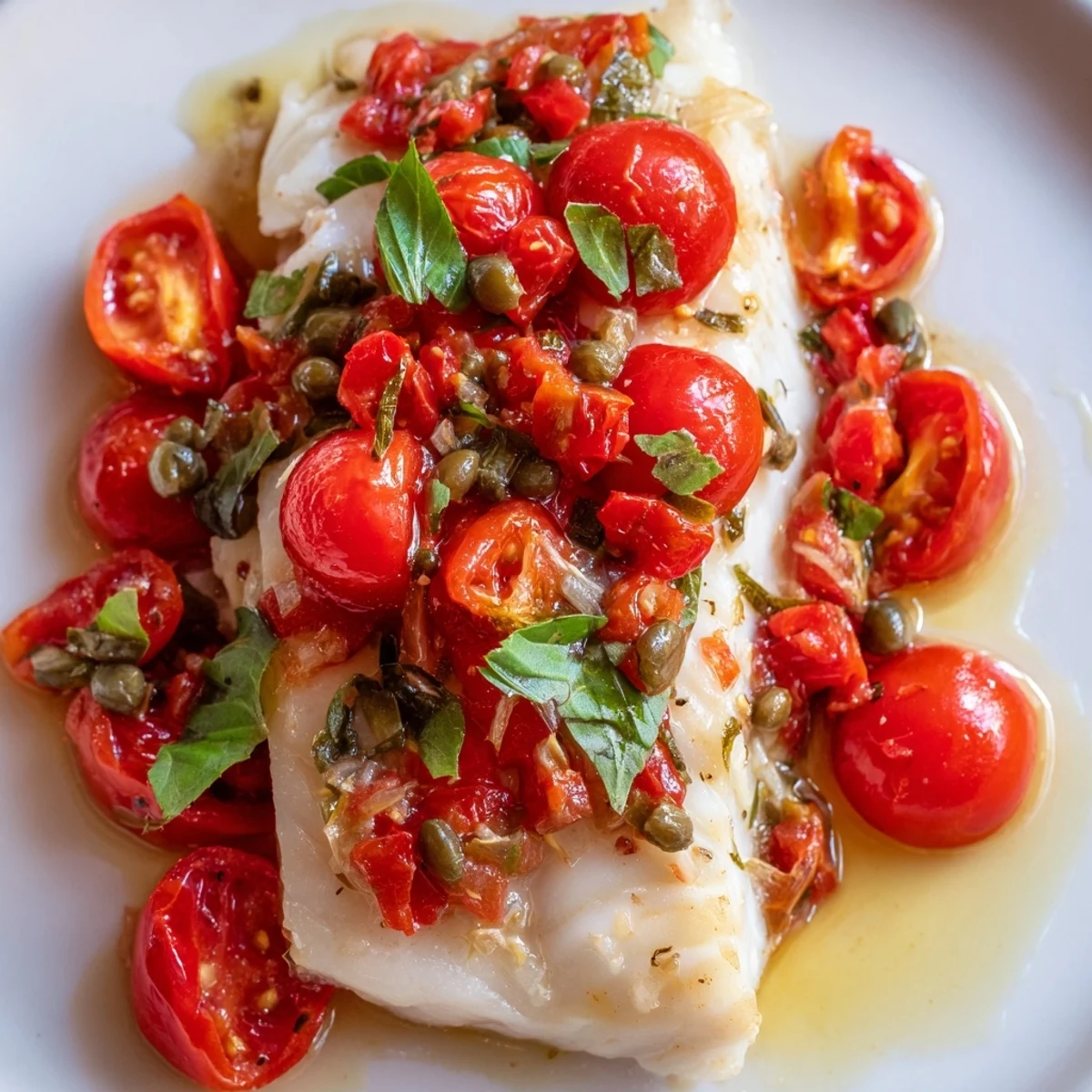 Colorful tomato basil relish with capers spooned over tender baked halibut fillets.